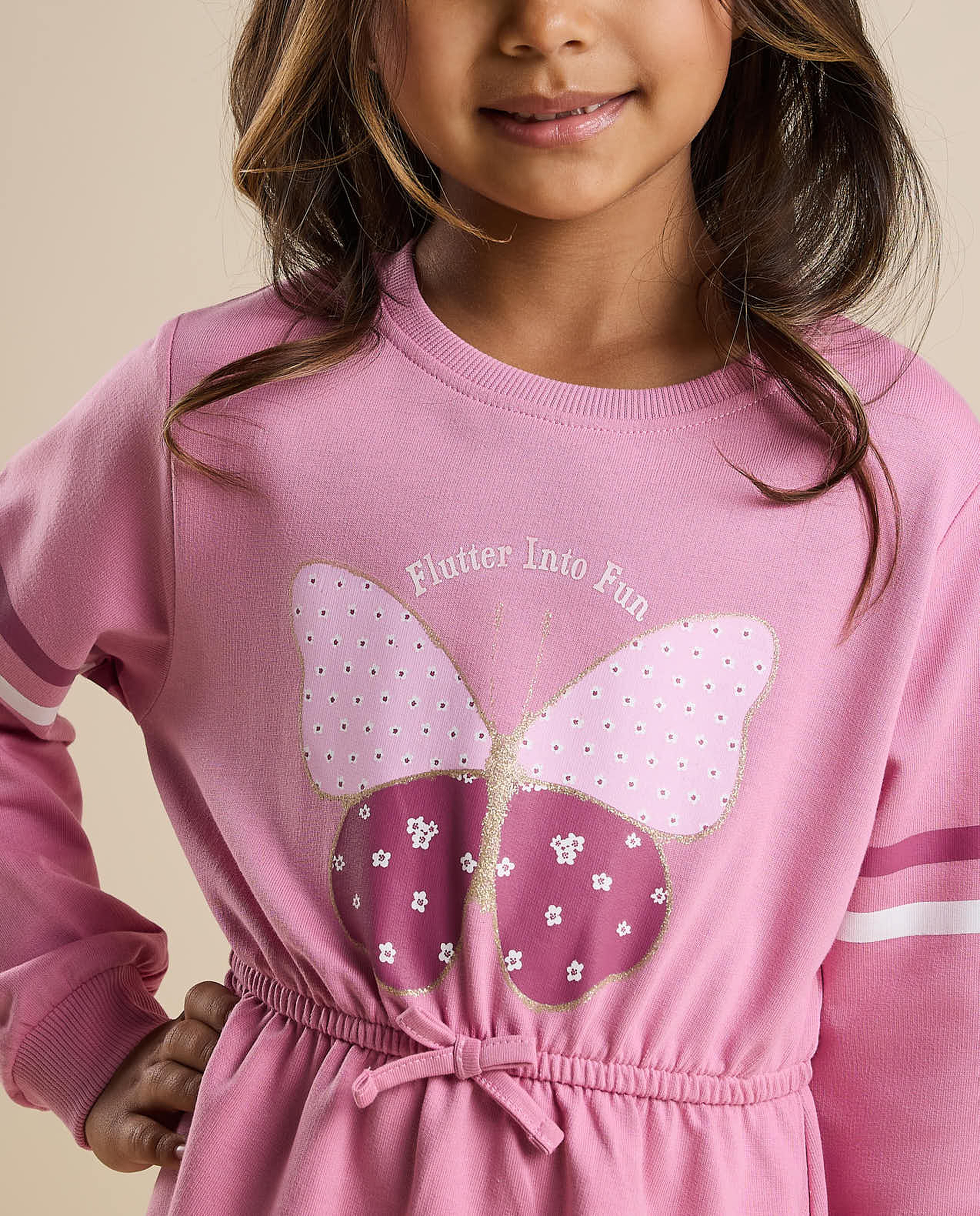 Printed Flared Dress with Crew Neck and Long Sleeves