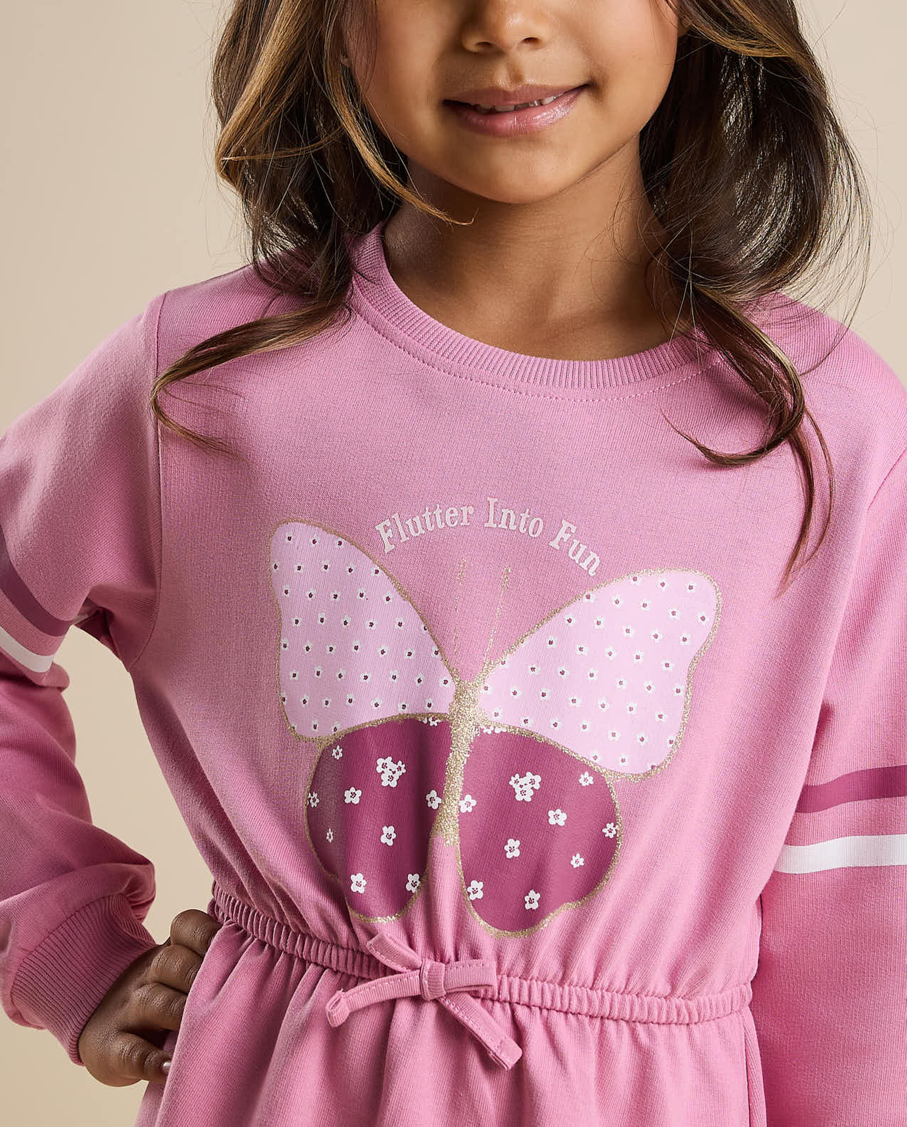 Printed Flared Dress with Crew Neck and Long Sleeves