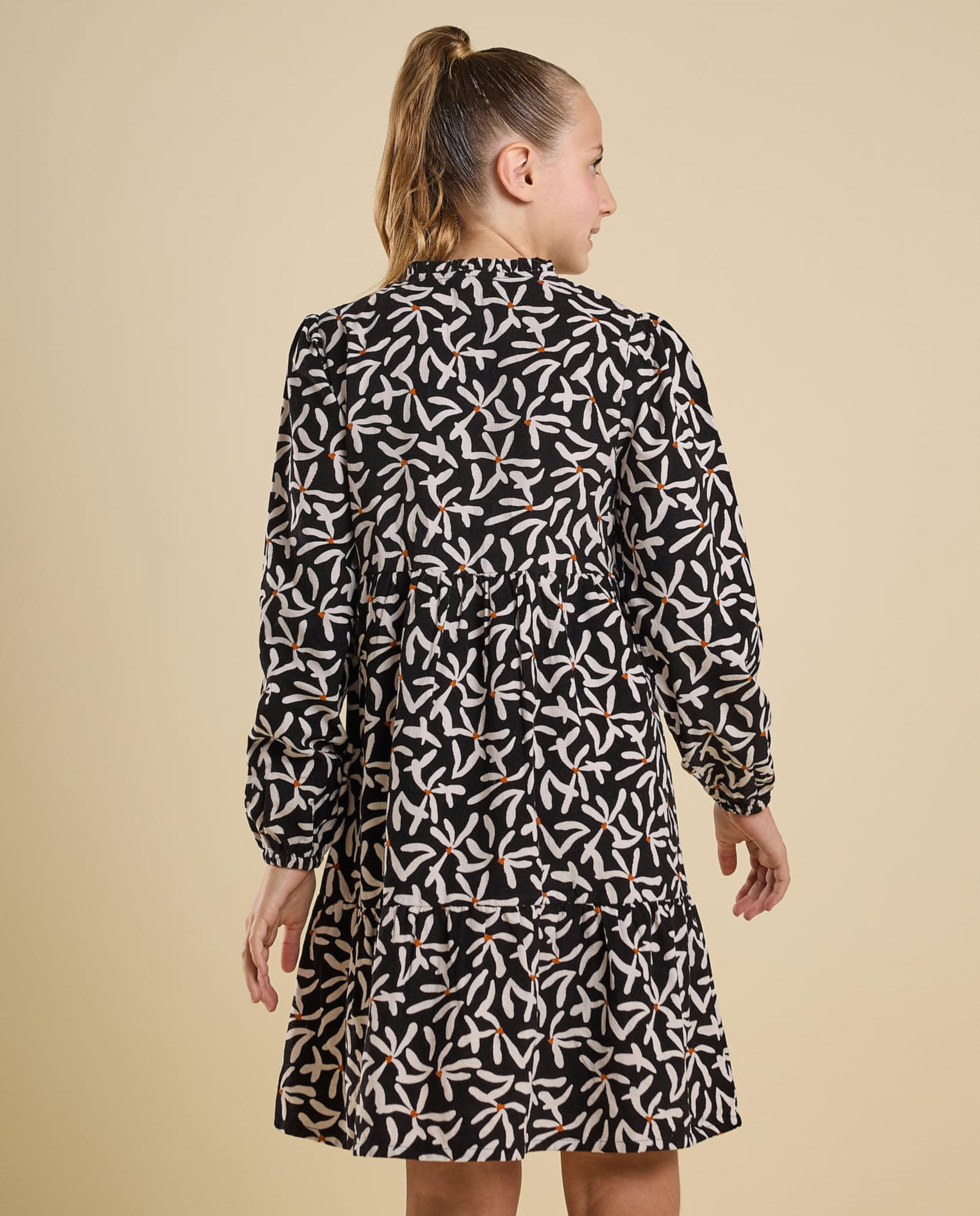 Printed Mini Dress with High Neck and Long Sleeves