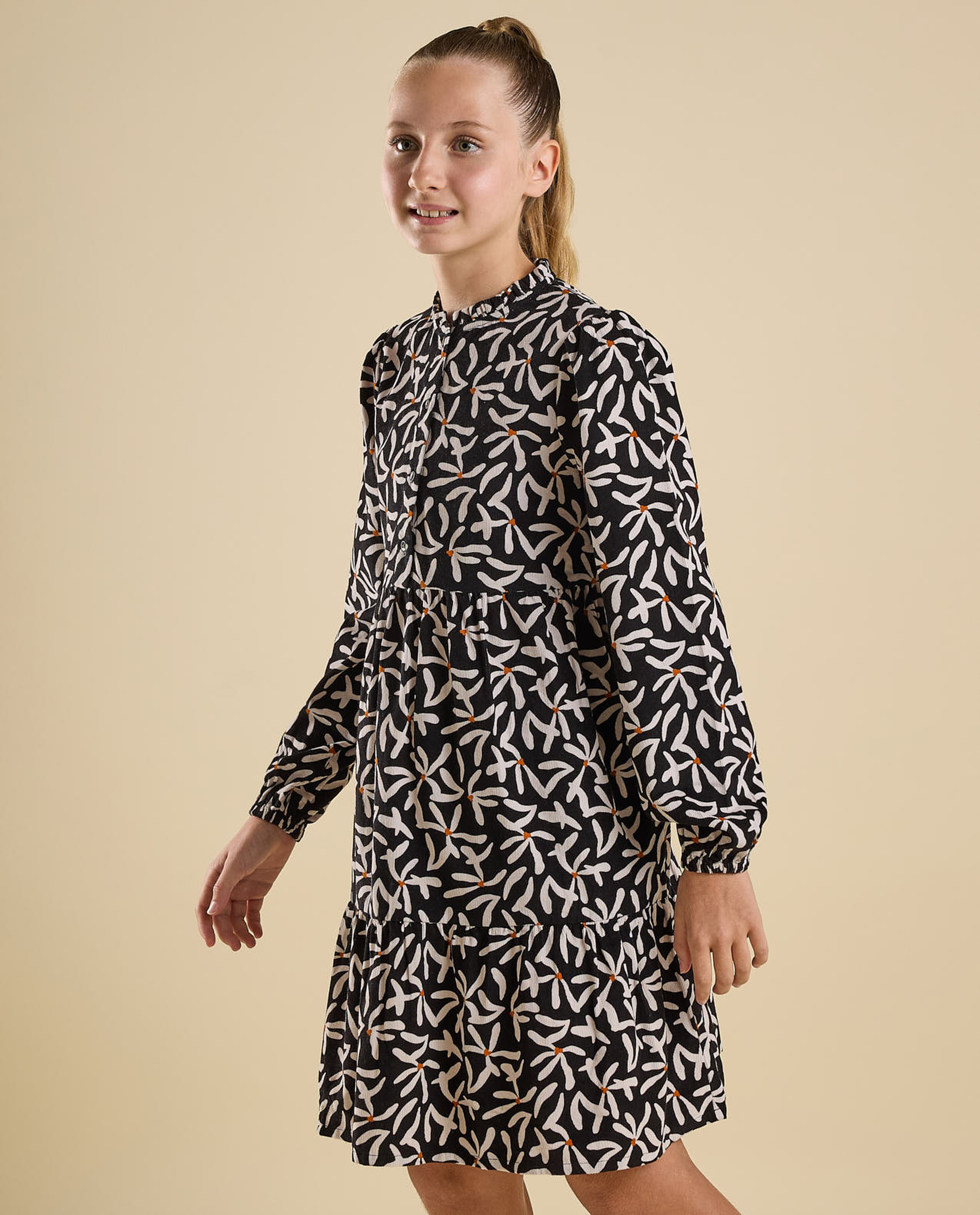 Printed Mini Dress with High Neck and Long Sleeves