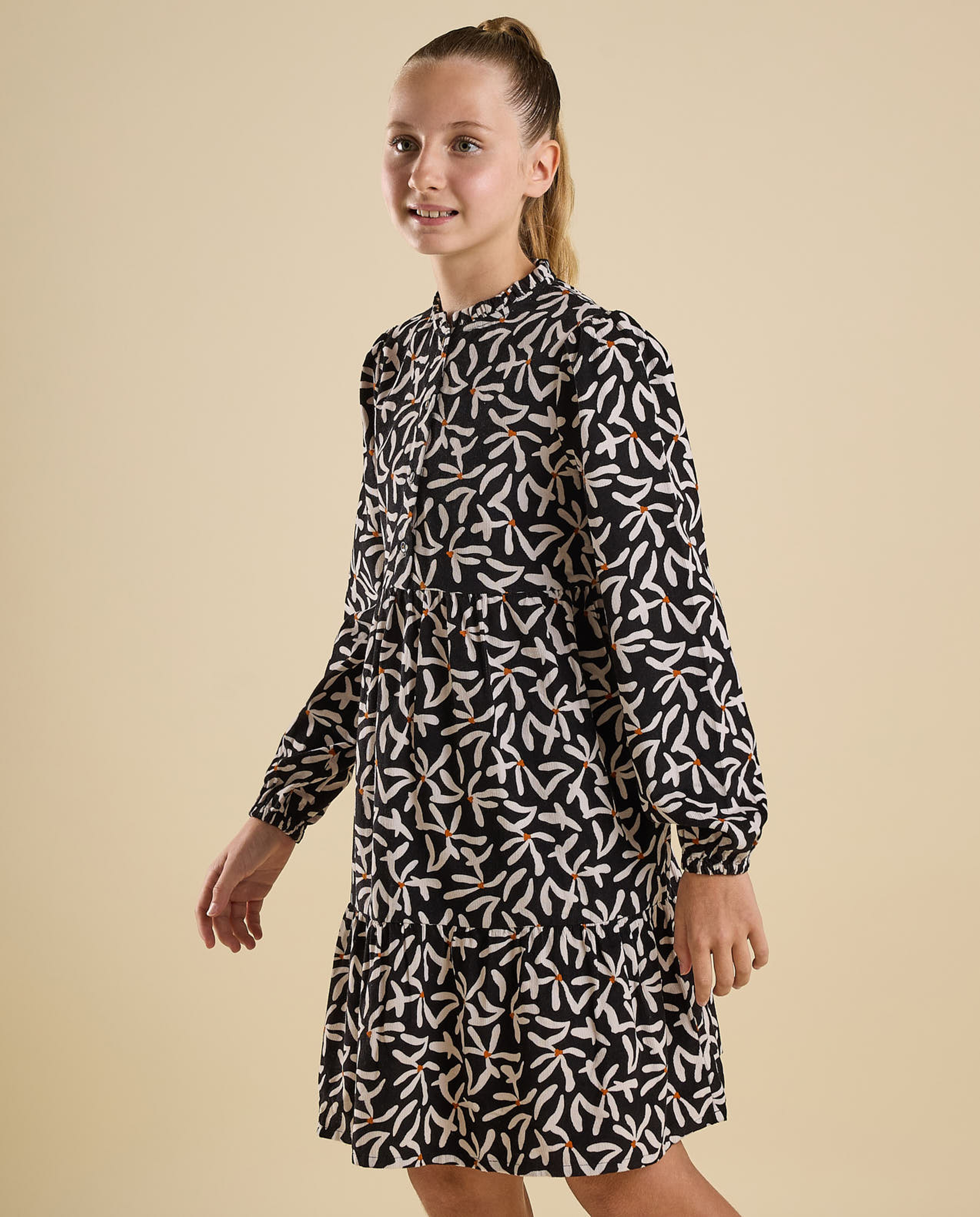 Printed Mini Dress with High Neck and Long Sleeves