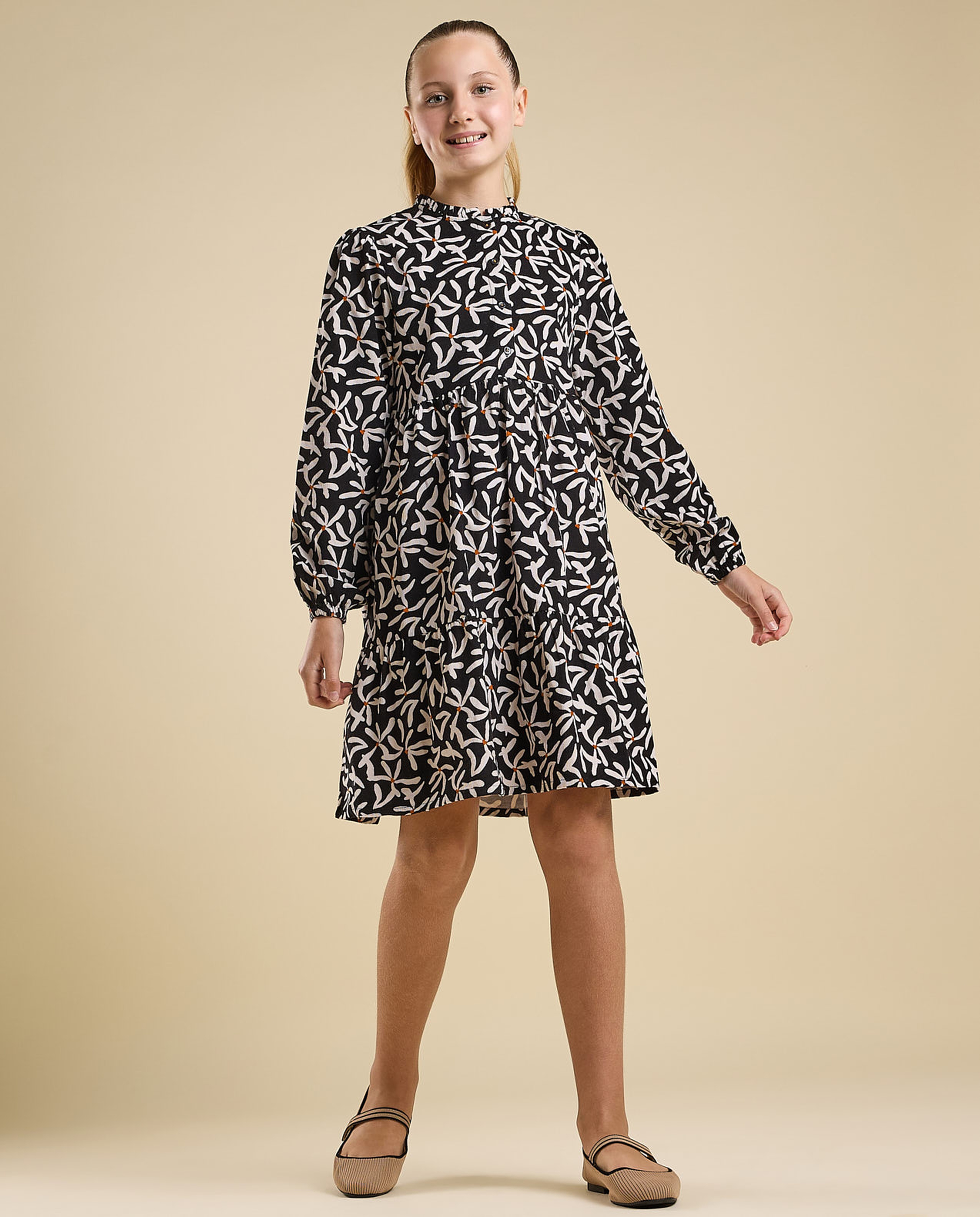 Printed Mini Dress with High Neck and Long Sleeves