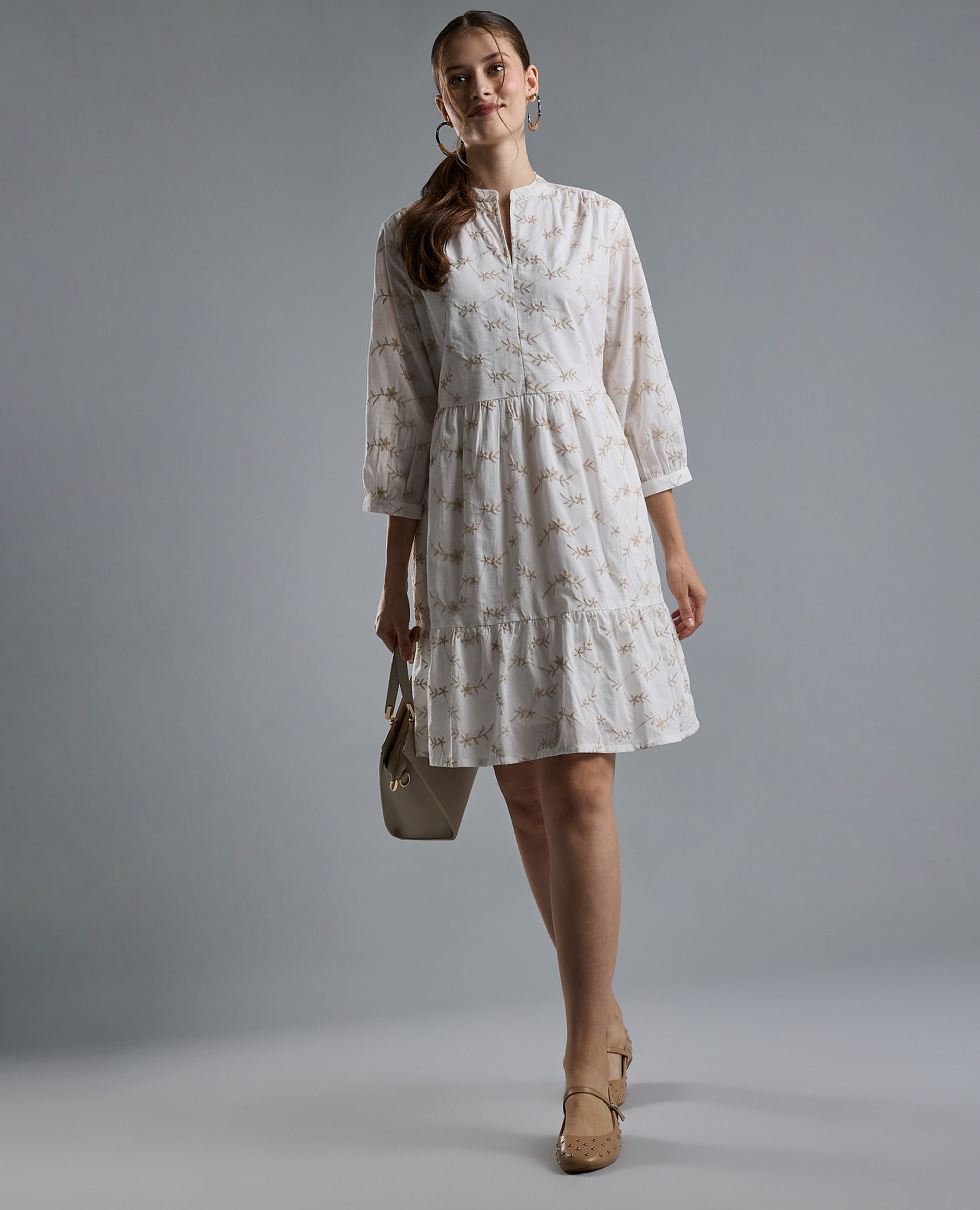 Embroidered Mini Dress with Mandarin Collar and 3/4 Sleeves