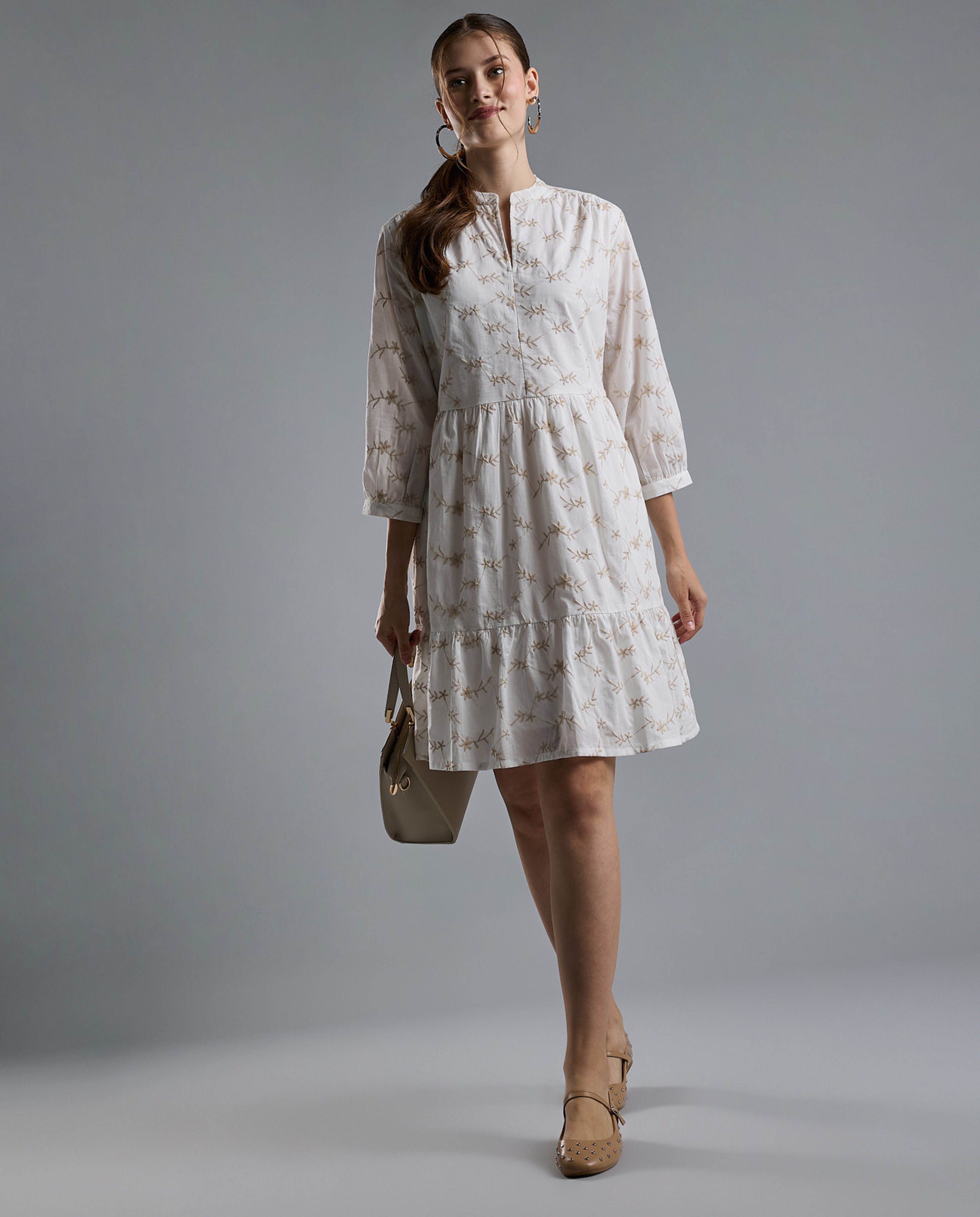 Embroidered Mini Dress with Mandarin Collar and 3/4 Sleeves