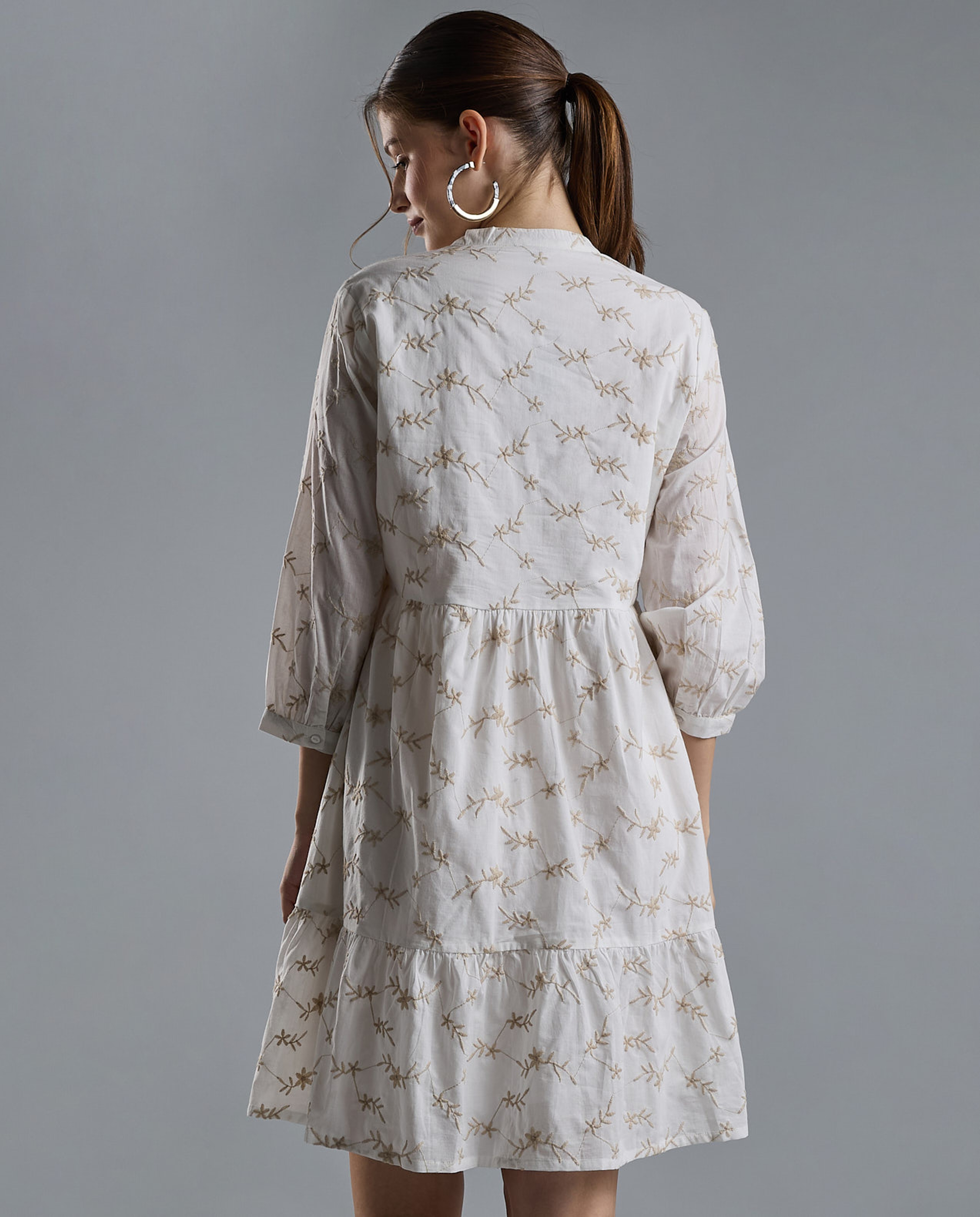 Embroidered Mini Dress with Mandarin Collar and 3/4 Sleeves