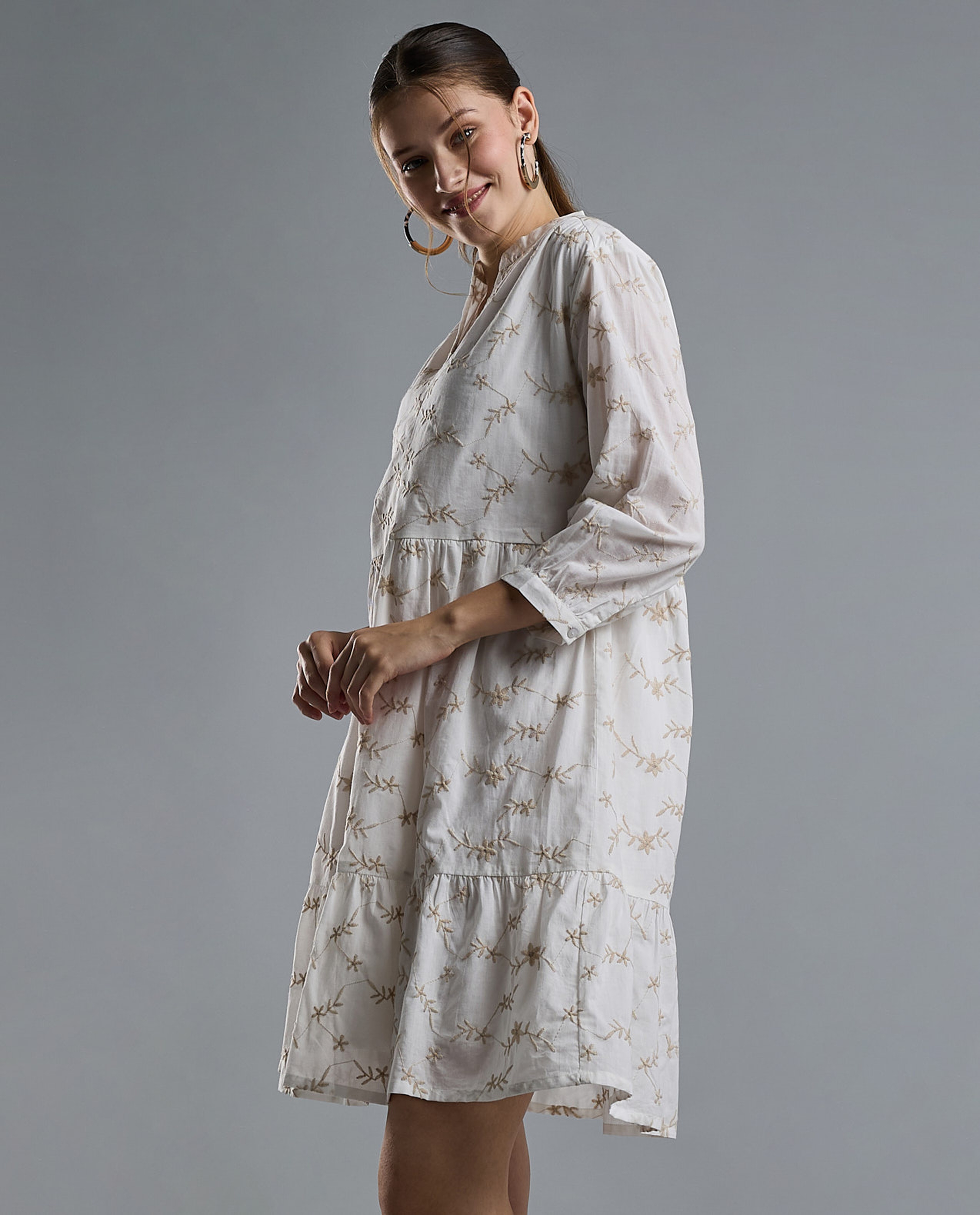 Embroidered Mini Dress with Mandarin Collar and 3/4 Sleeves