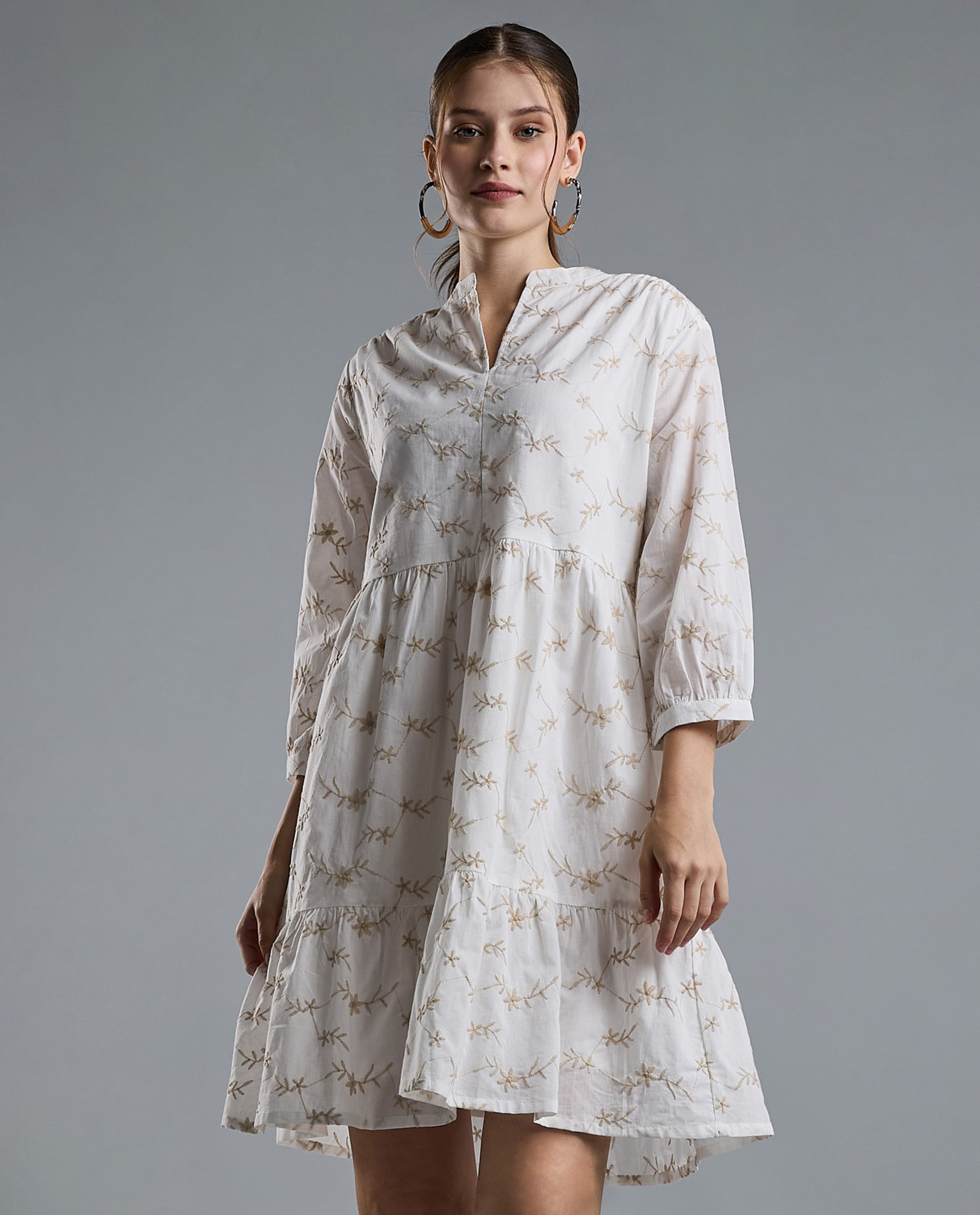 Embroidered Mini Dress with Mandarin Collar and 3/4 Sleeves