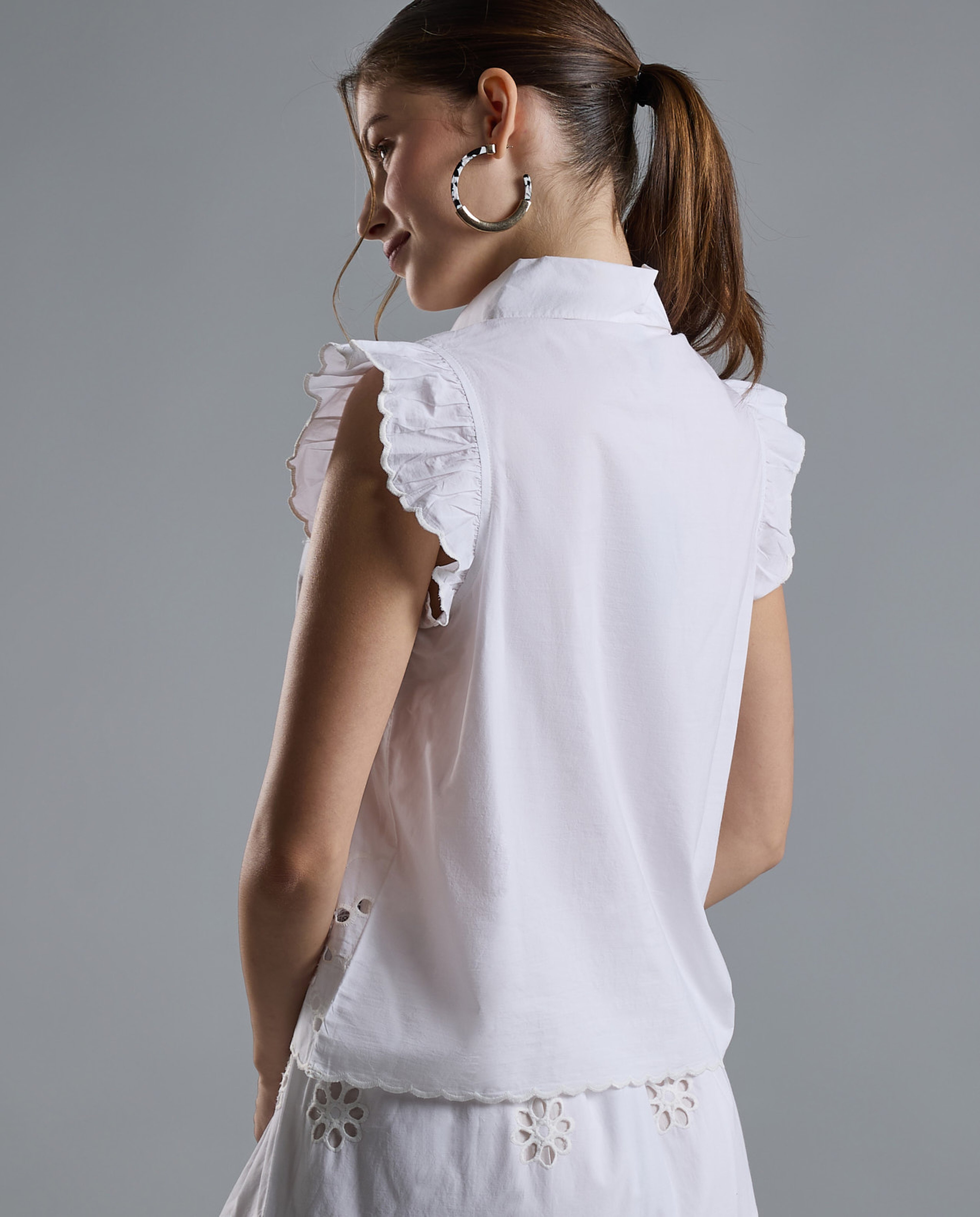 Openwork Shirt with Classic Collar and Ruffle Sleeves