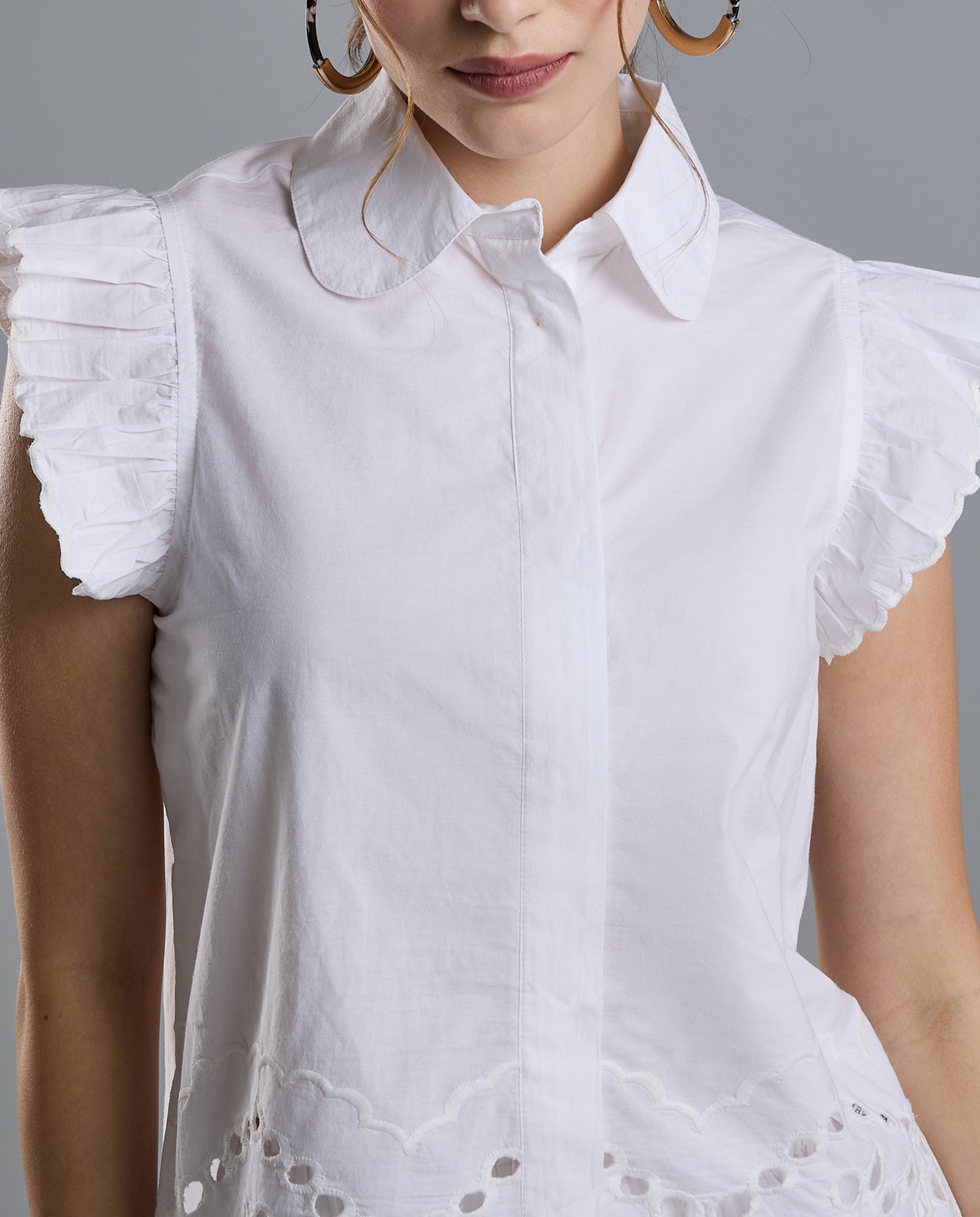 Openwork Shirt with Classic Collar and Ruffle Sleeves