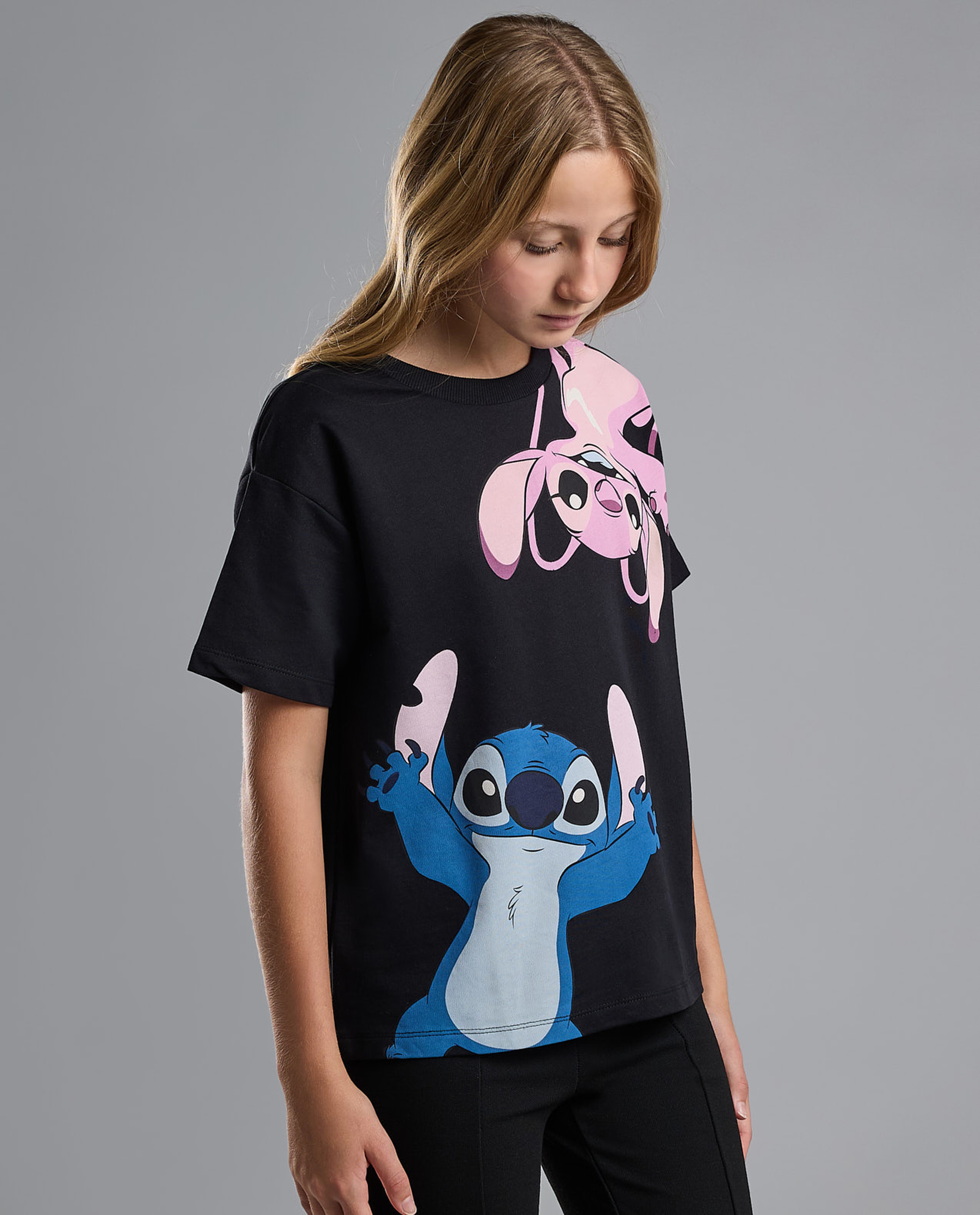 Stitch Print T-Shirt with Crew Neck and Short Sleeves