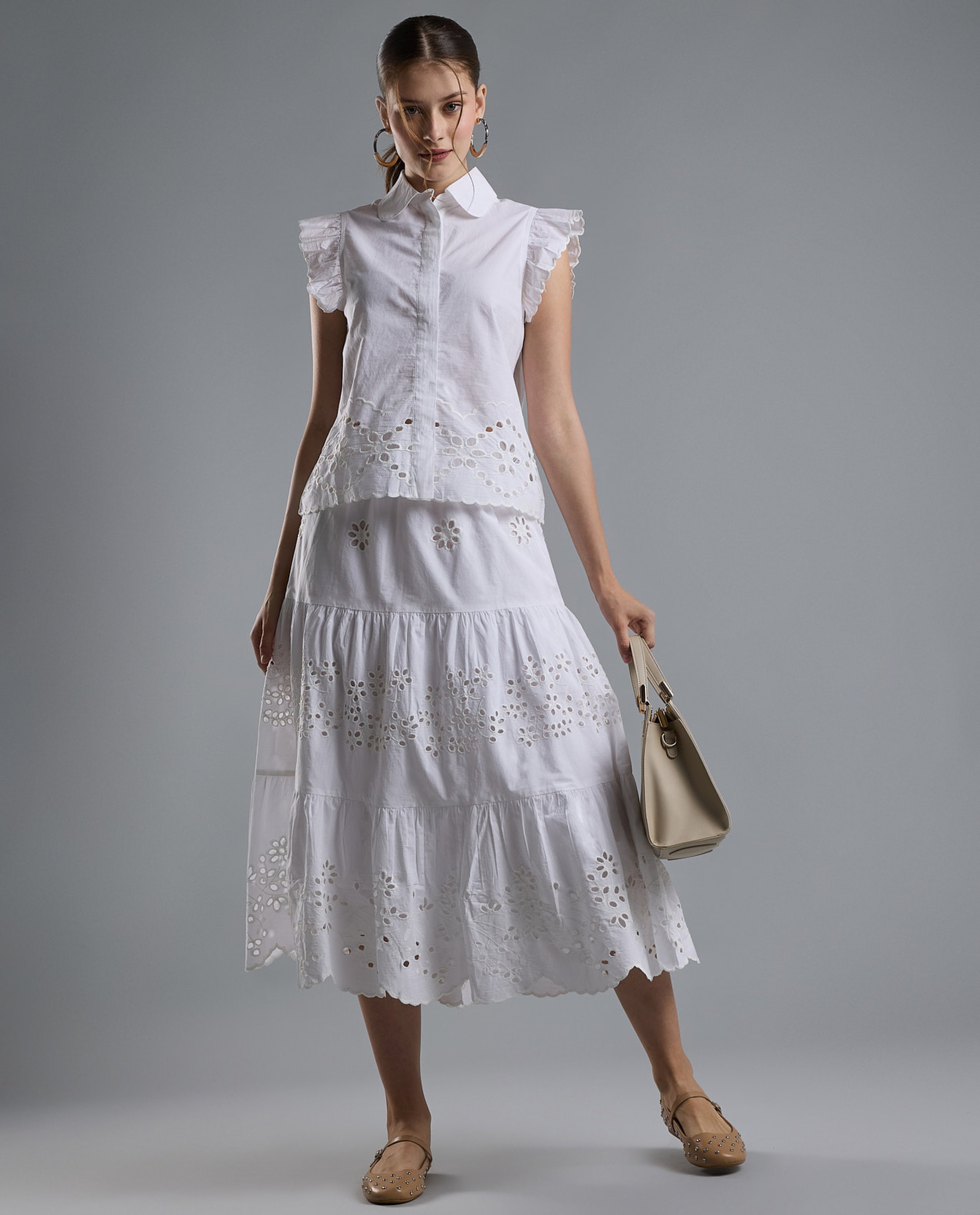 Openwork Shirt with Classic Collar and Ruffle Sleeves