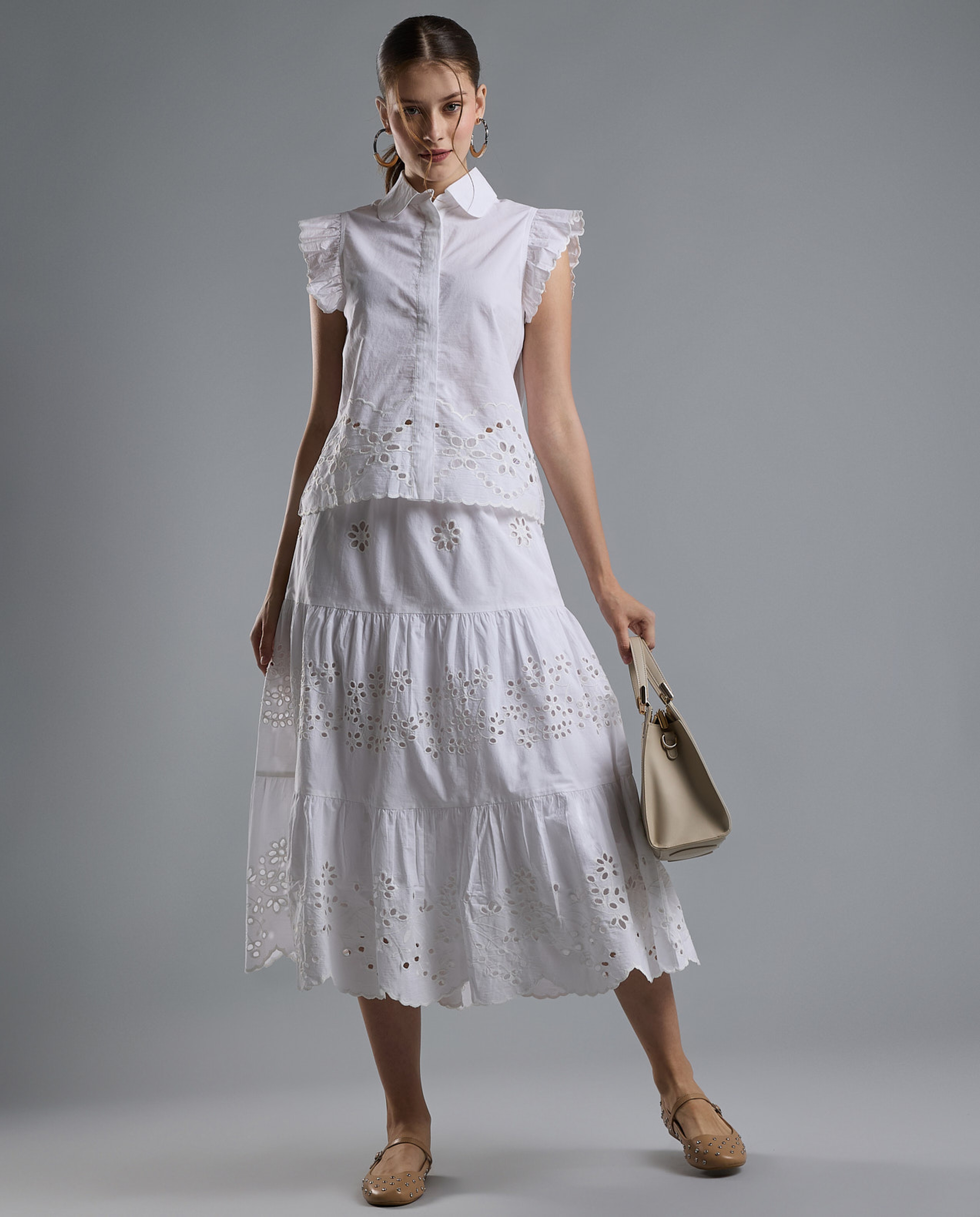 Openwork Shirt with Classic Collar and Ruffle Sleeves