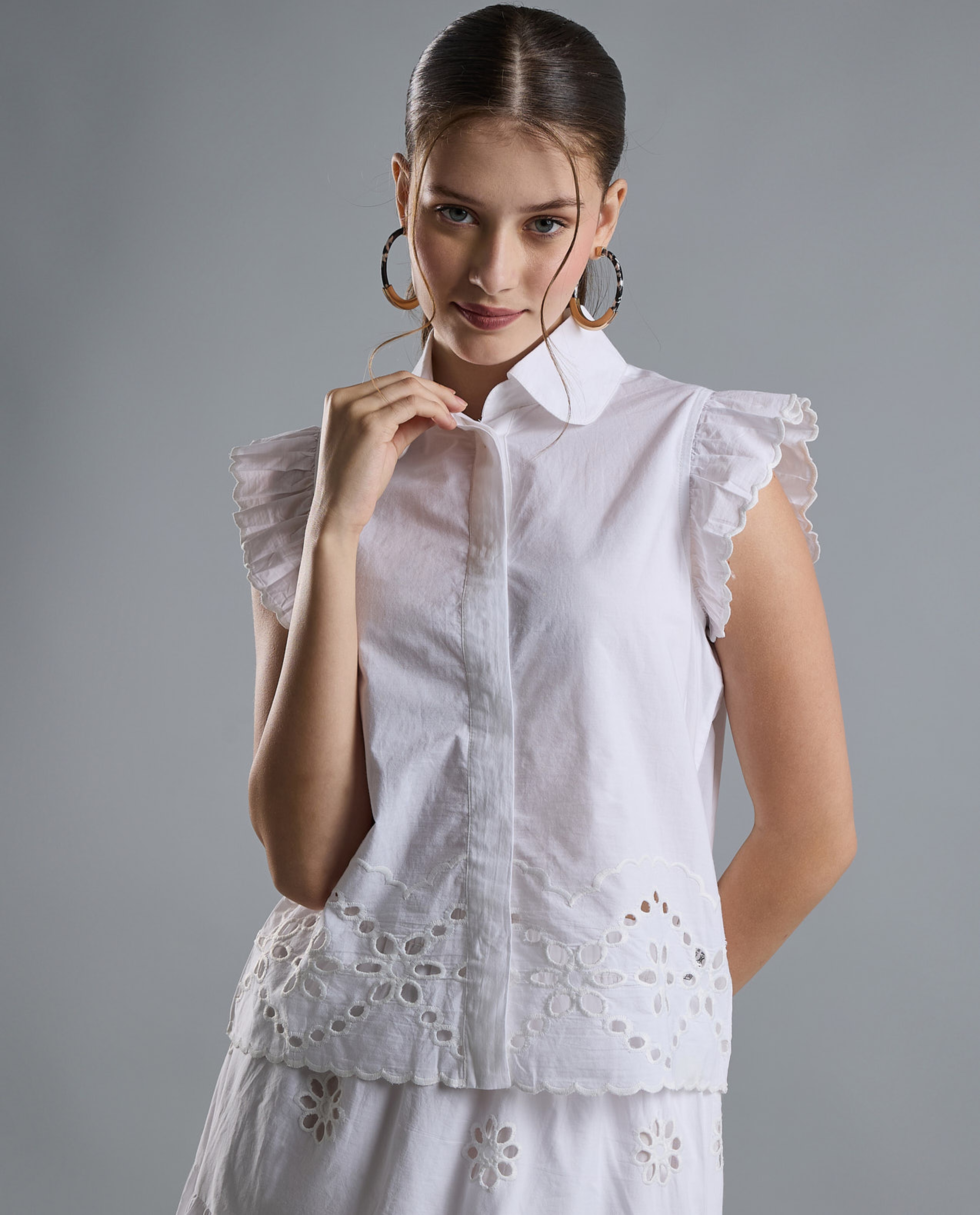 Openwork Shirt with Classic Collar and Ruffle Sleeves