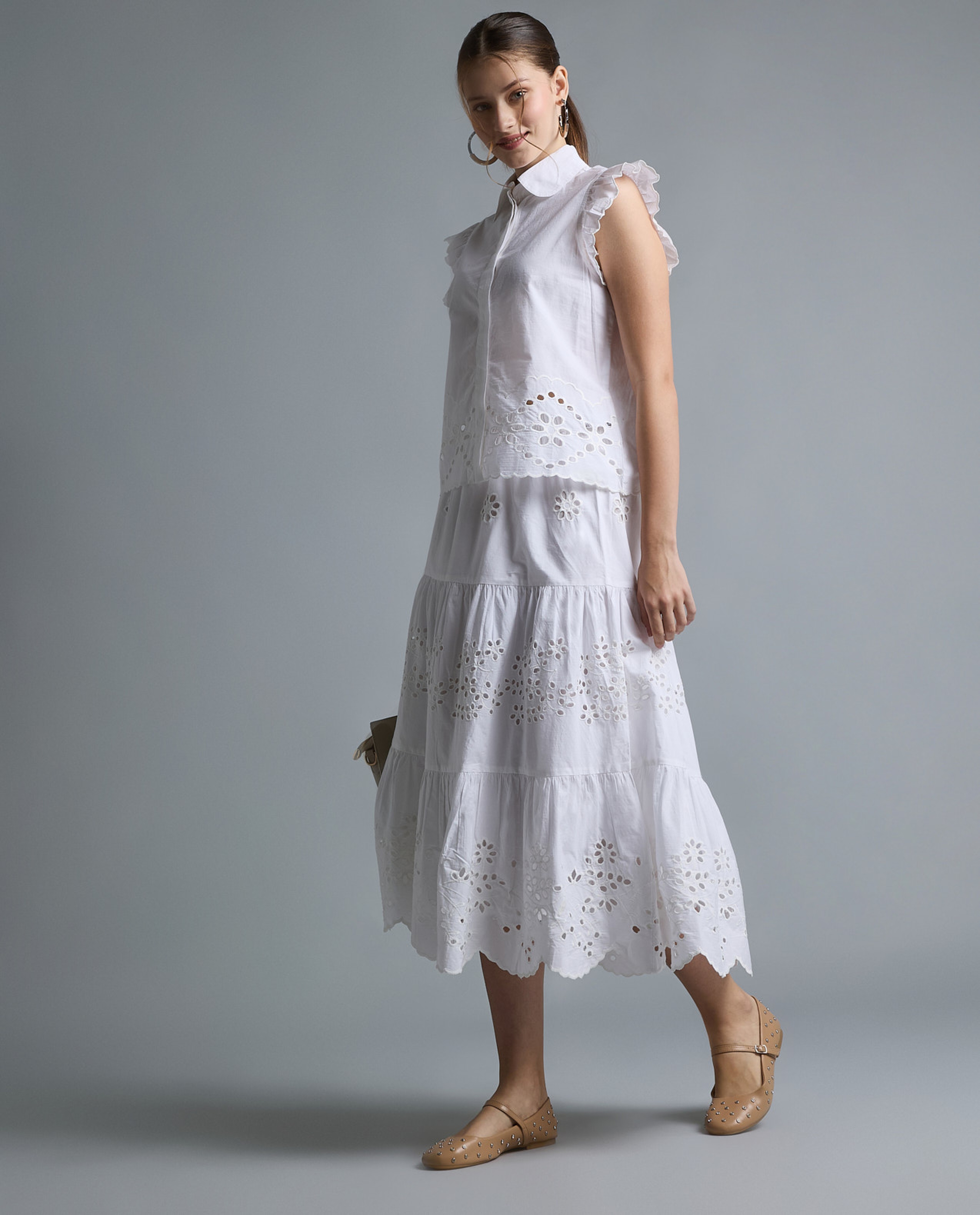 Schiffli Midi Skirt with Elastic Waist