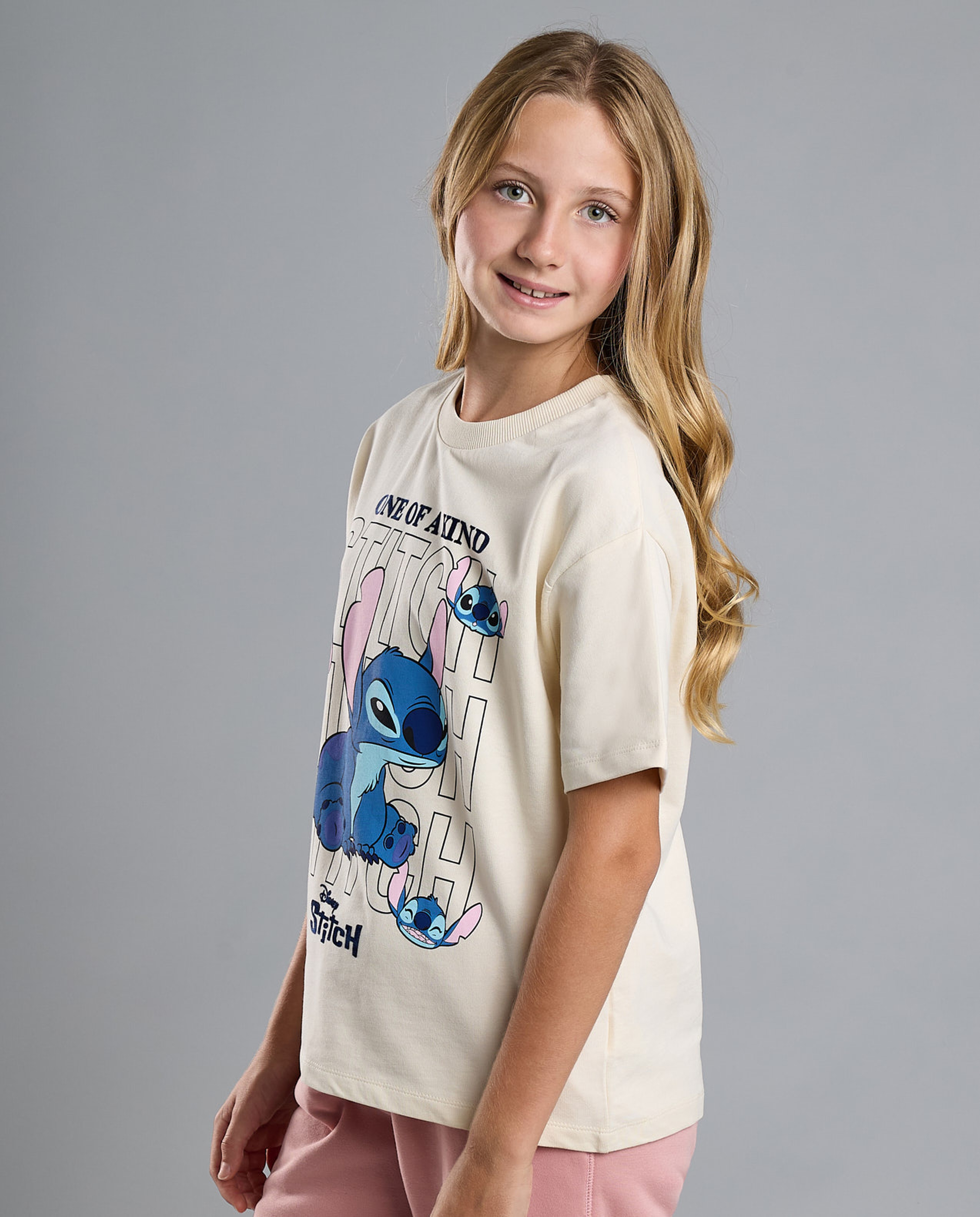 Stitch Print T-Shirt with Crew Neck and Short Sleeves