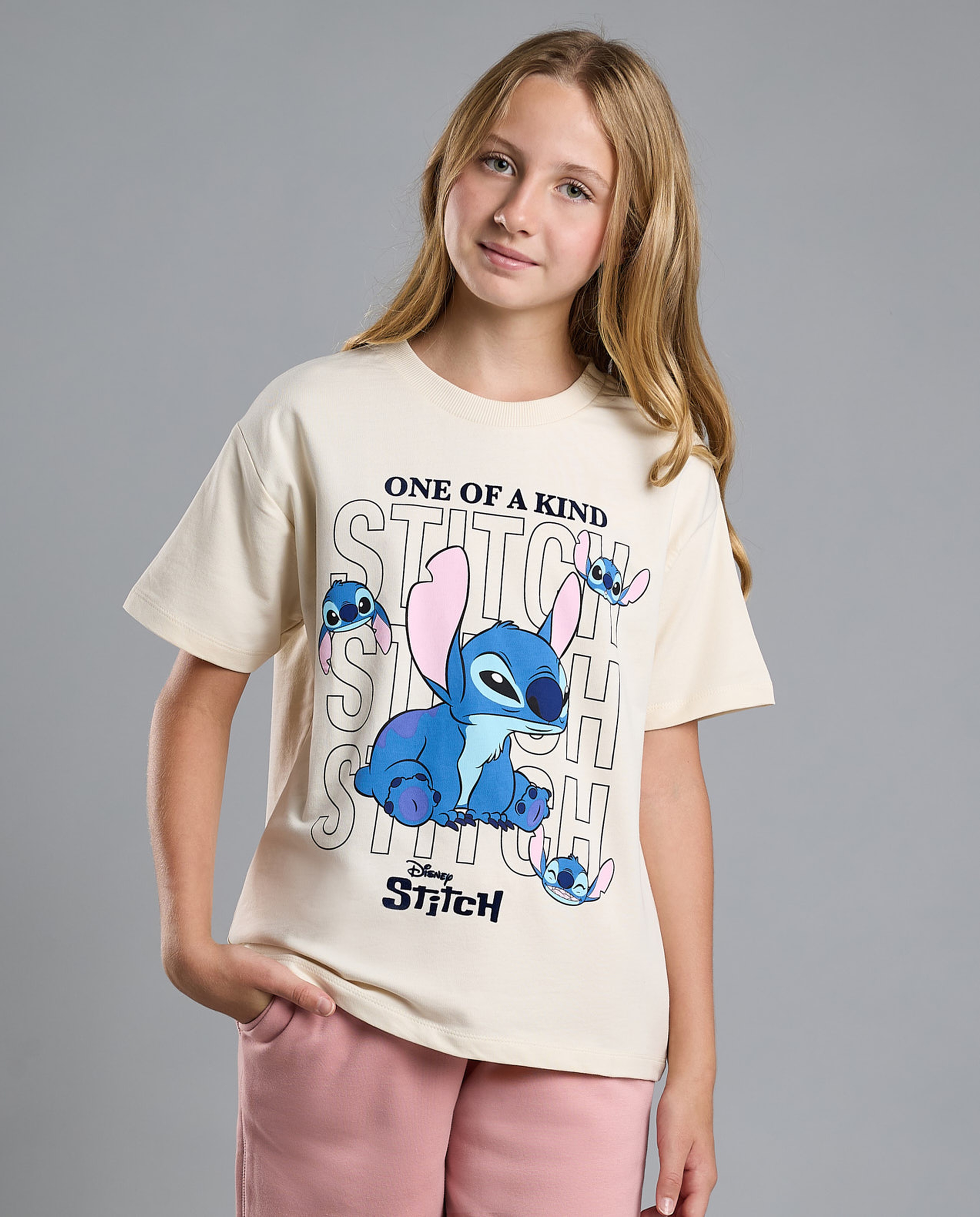 Stitch Print T-Shirt with Crew Neck and Short Sleeves