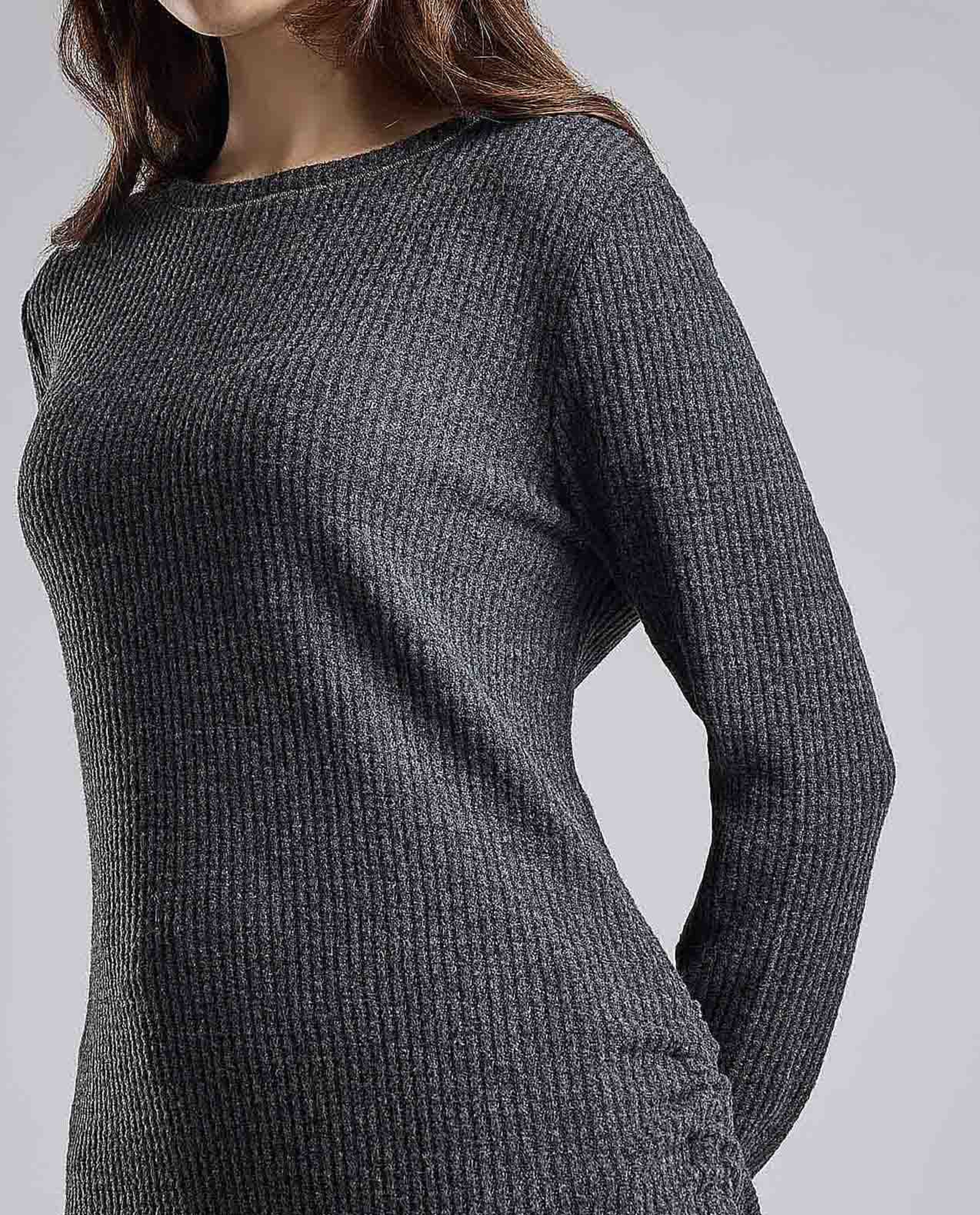 Ribbed Lounge Top with Crew Neck and Long Sleeves