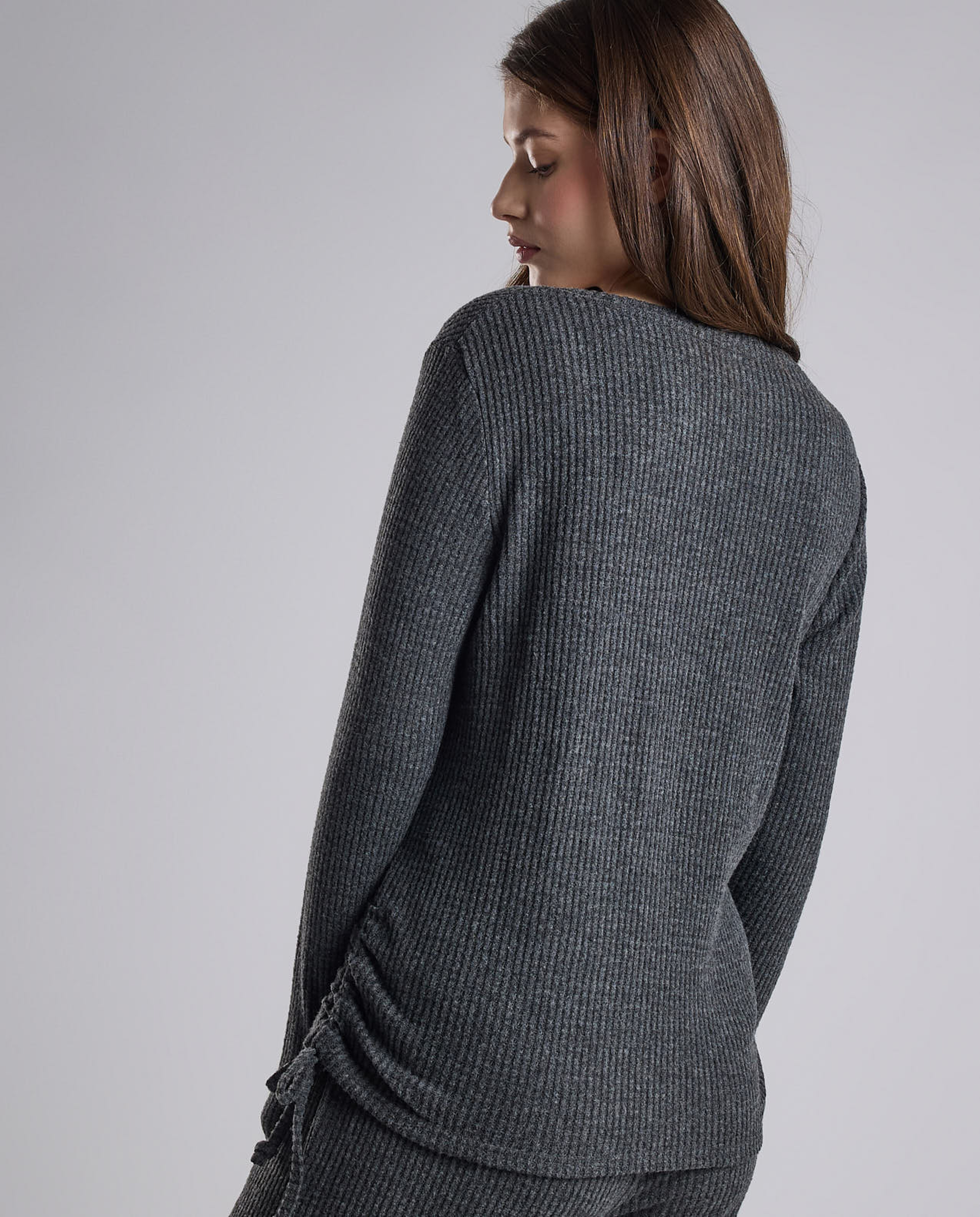 Ribbed Lounge Top with Crew Neck and Long Sleeves