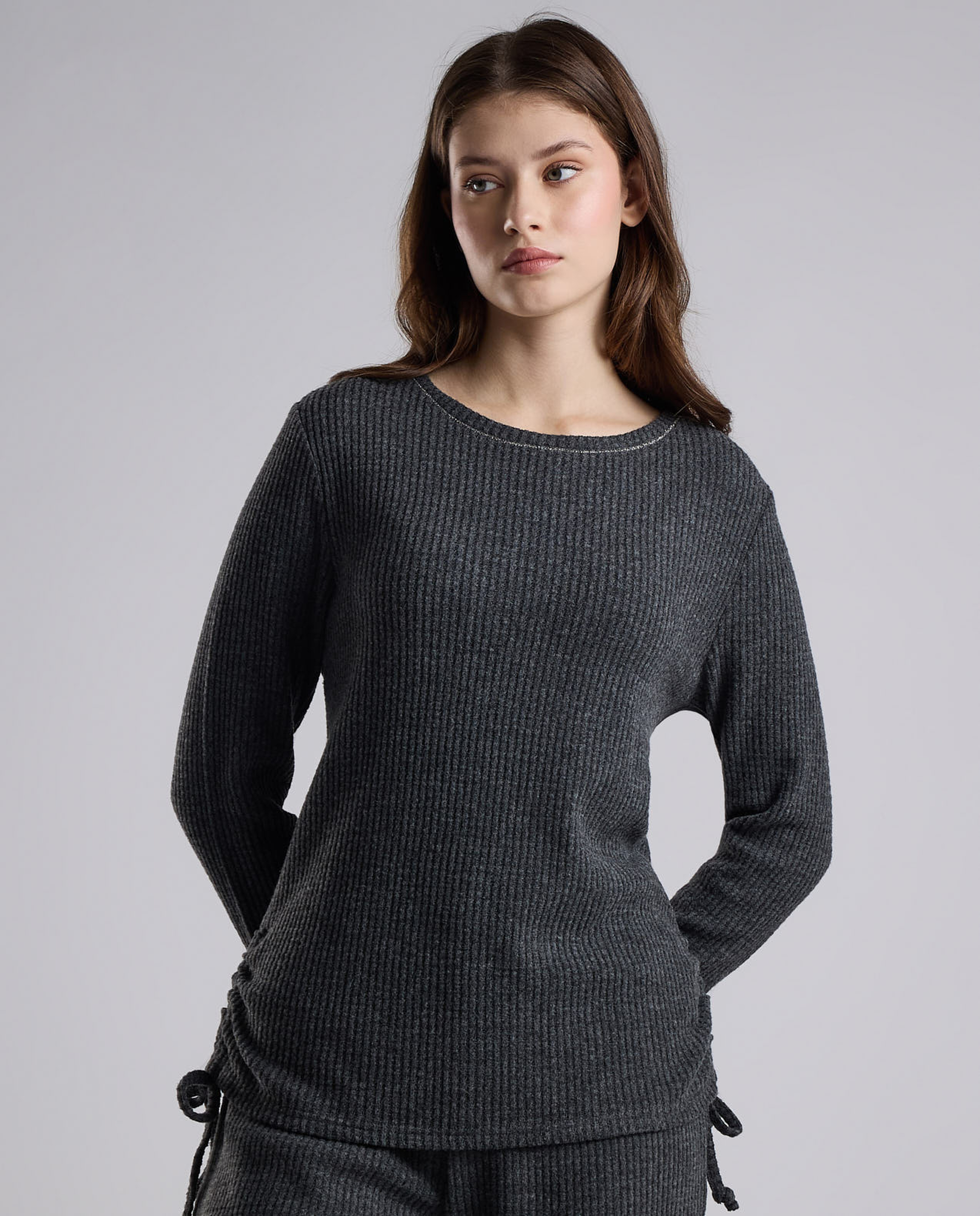 Ribbed Lounge Top with Crew Neck and Long Sleeves