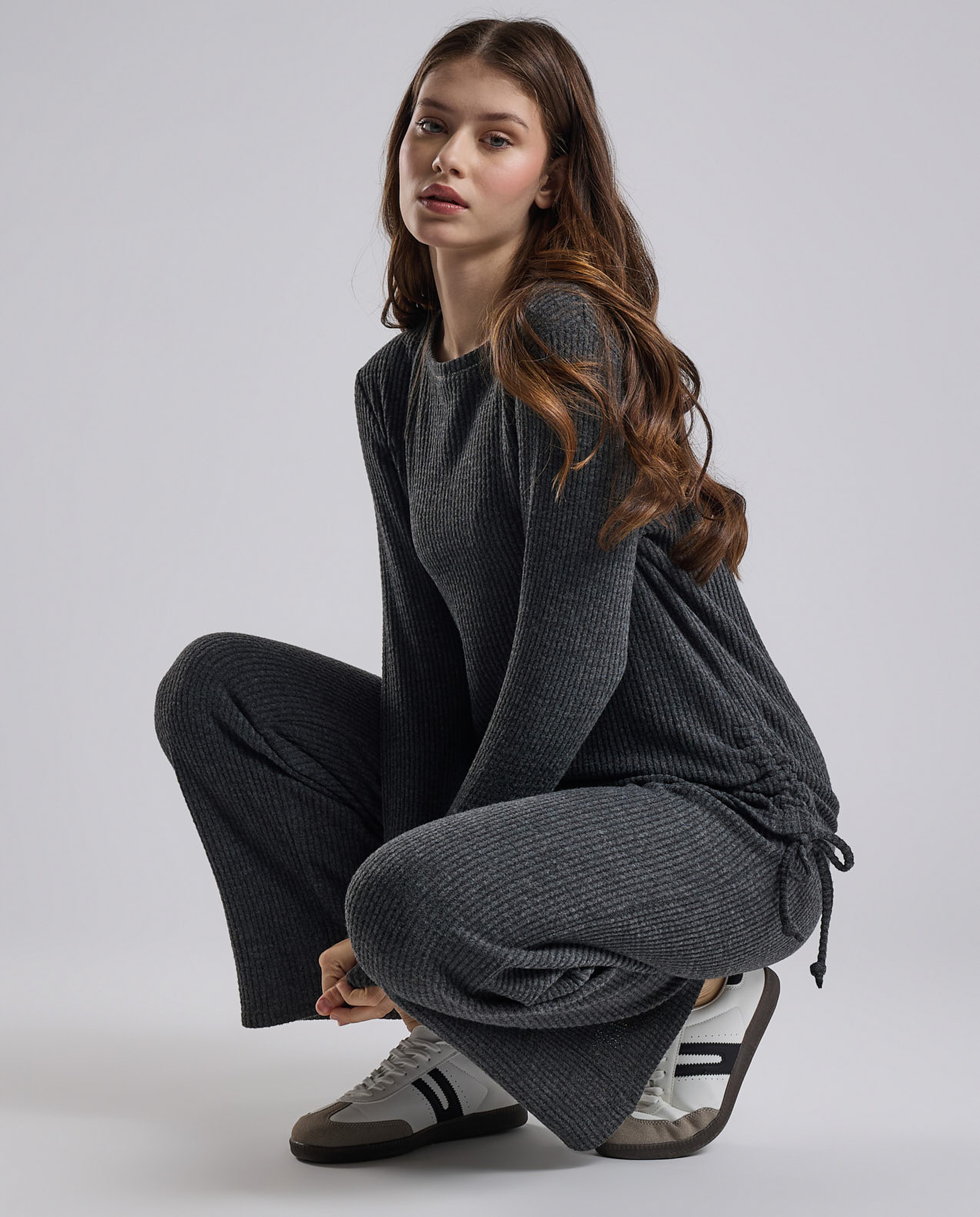Ribbed Lounge Top with Crew Neck and Long Sleeves