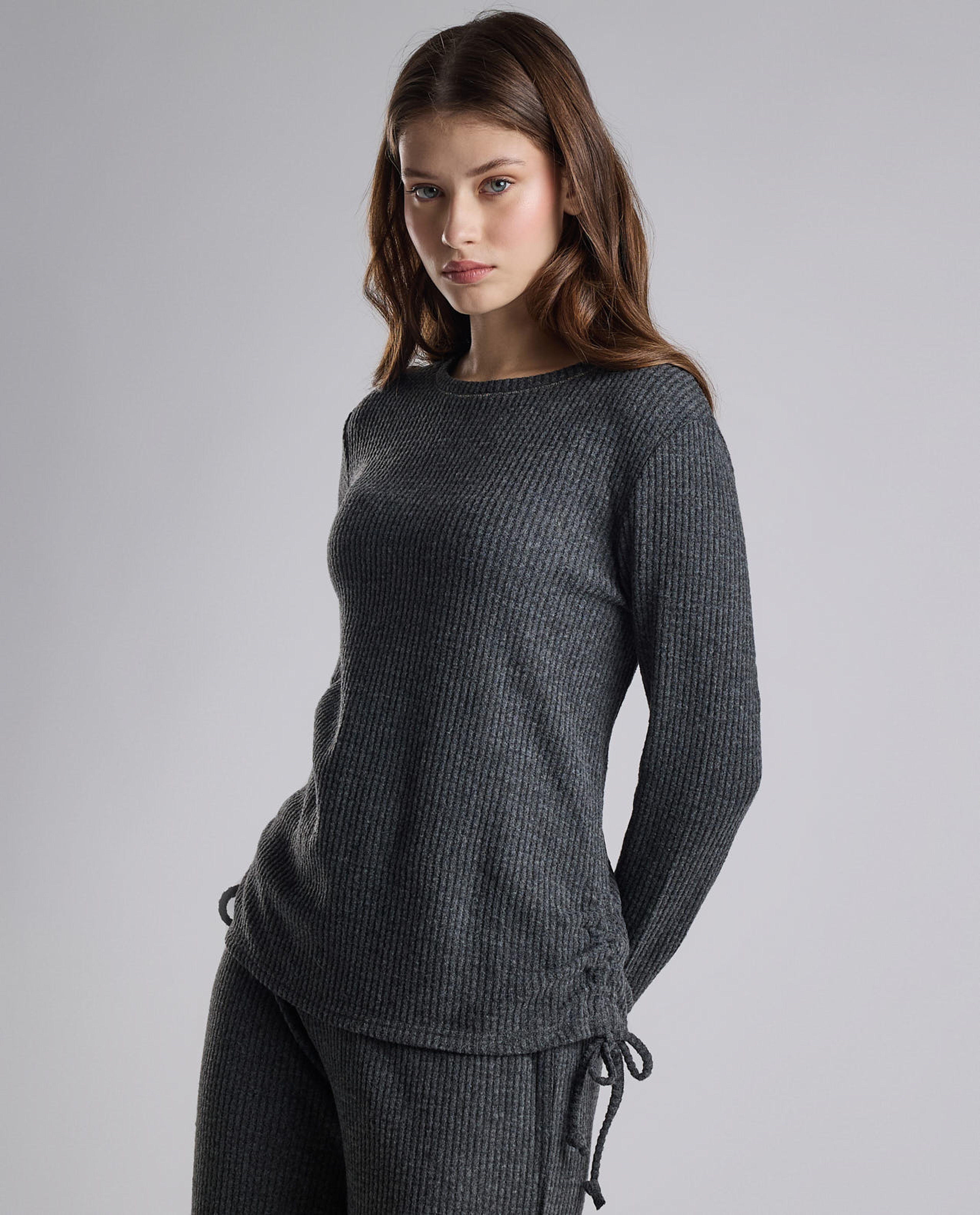 Ribbed Lounge Top with Crew Neck and Long Sleeves