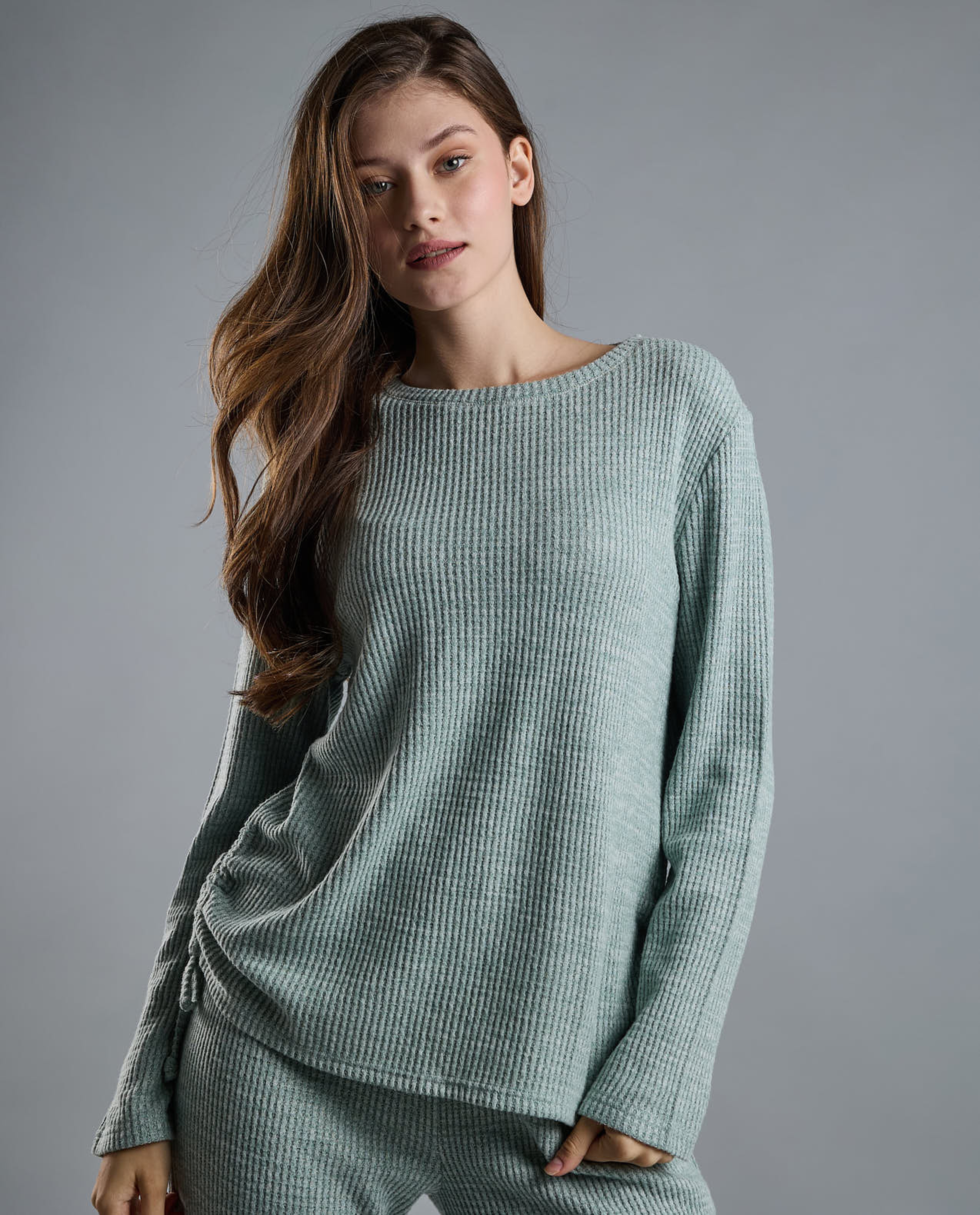 Ribbed Lounge Top with Crew Neck and Long Sleeves
