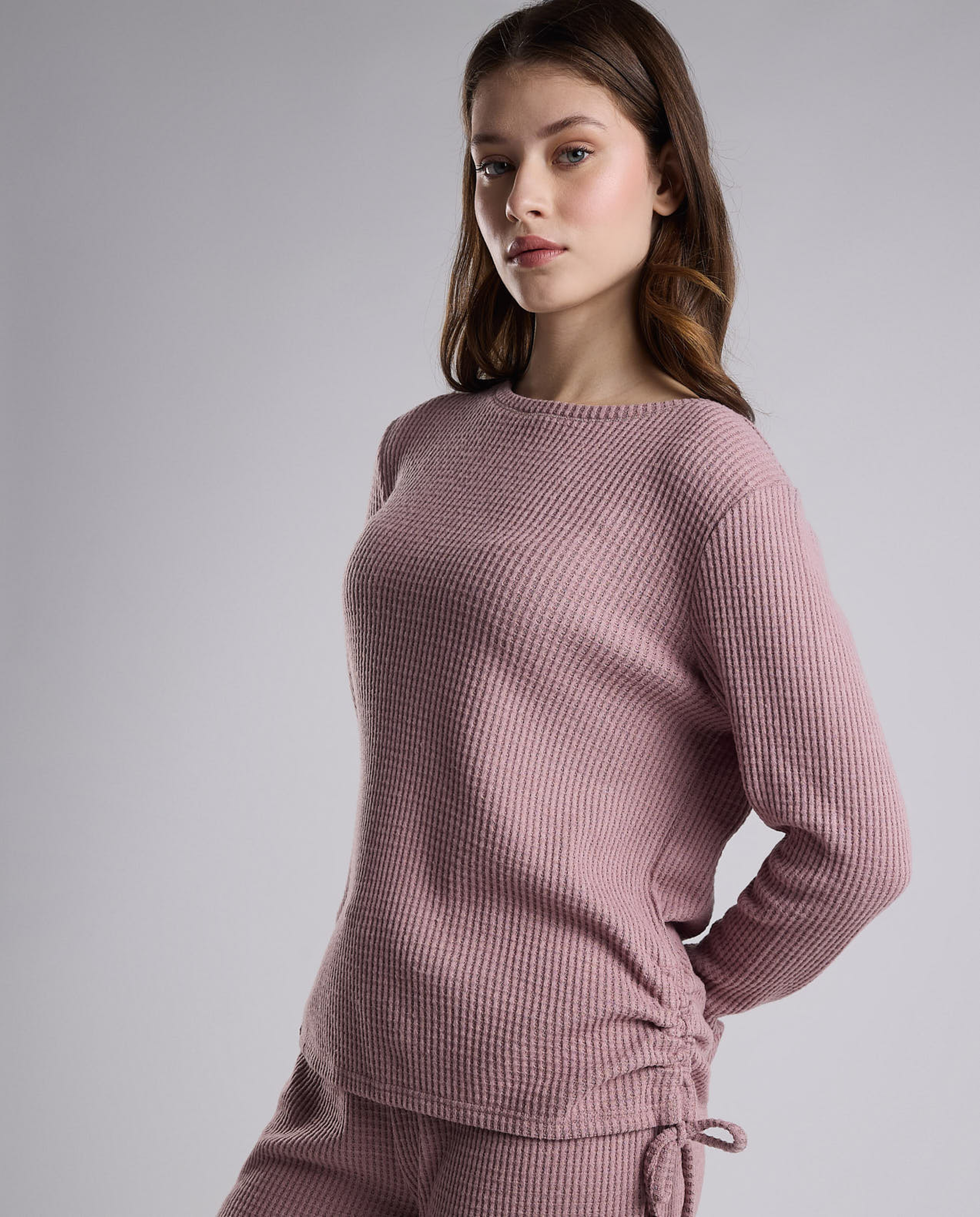 Ribbed Lounge Top with Crew Neck and Long Sleeves