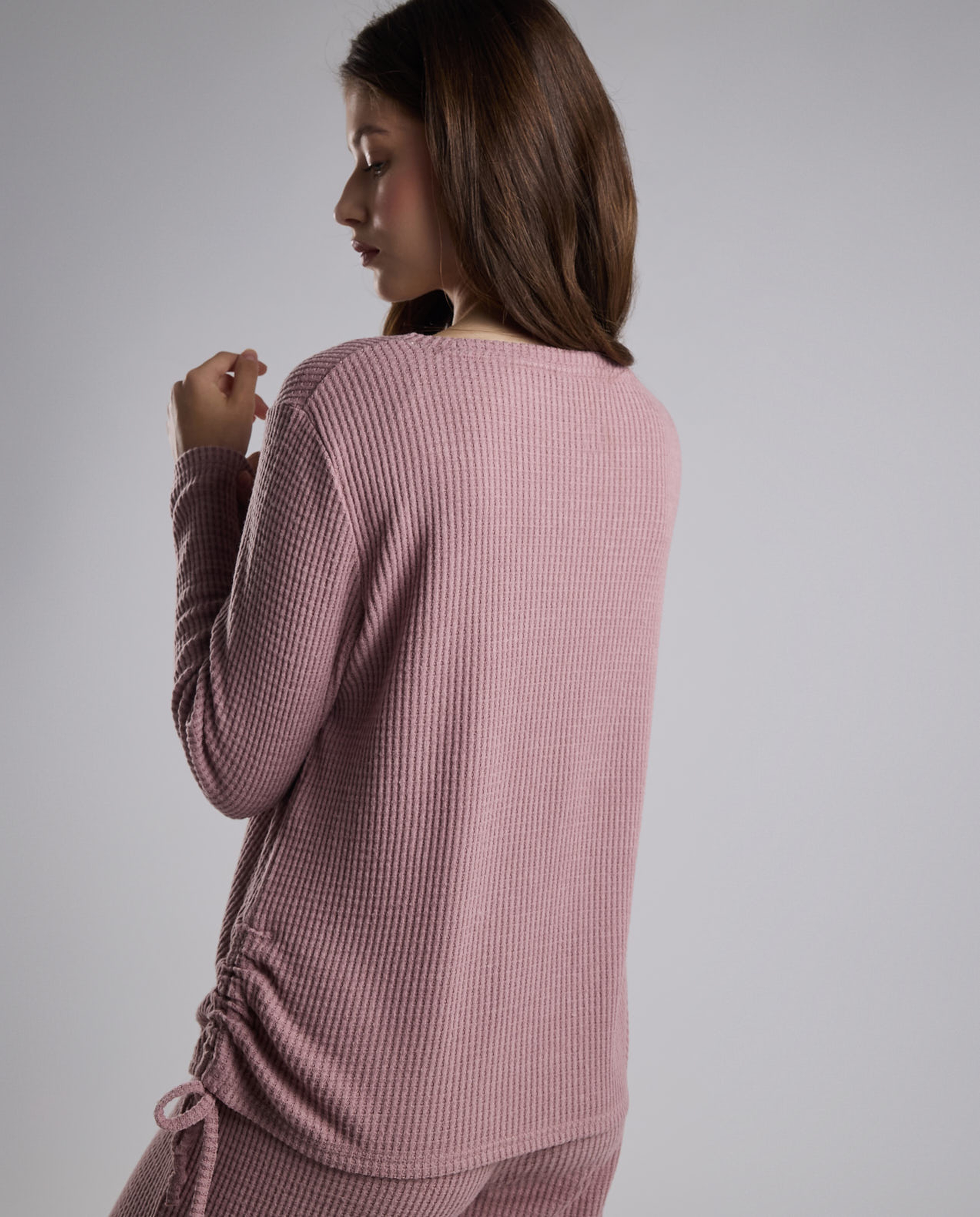 Ribbed Lounge Top with Crew Neck and Long Sleeves