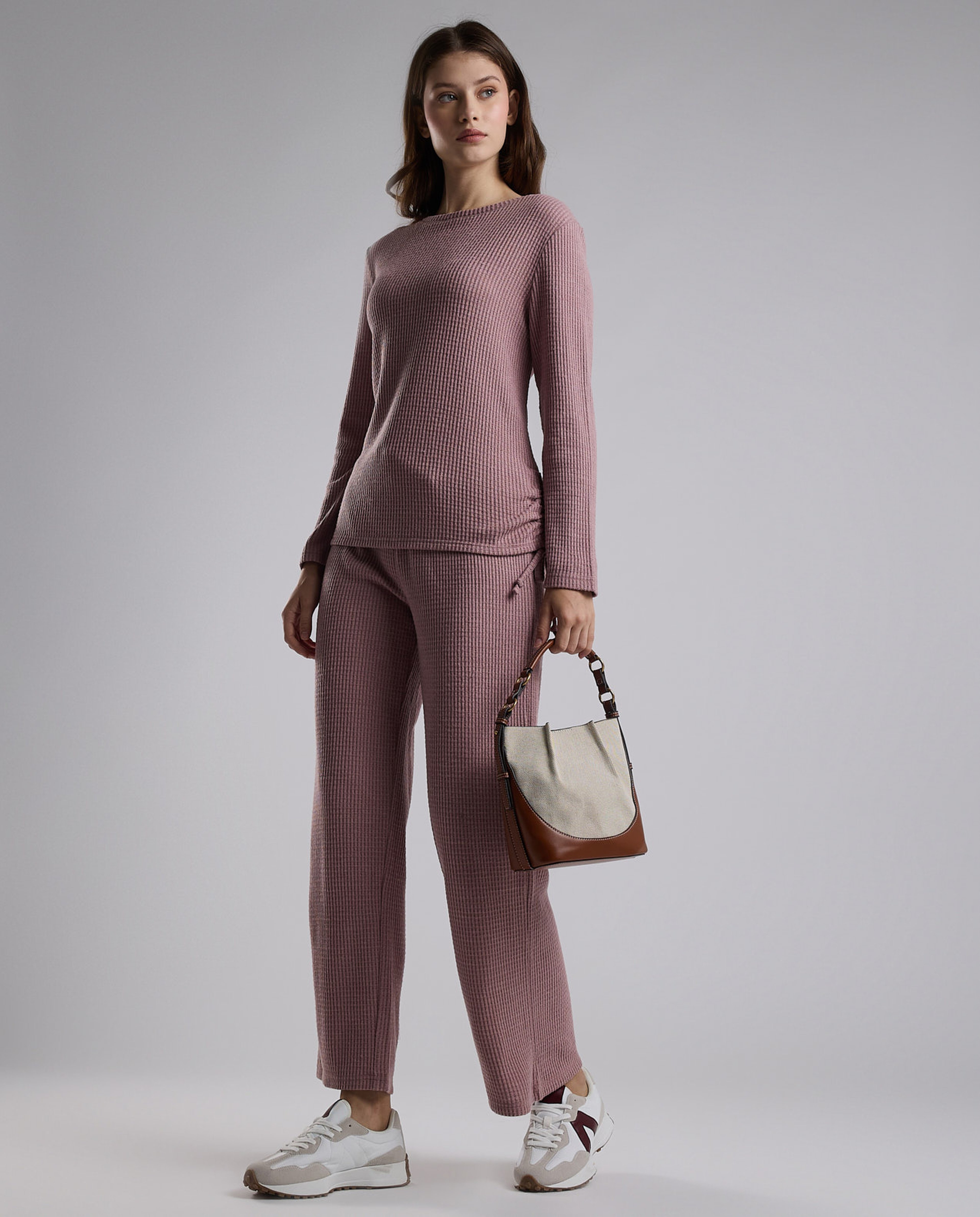 Ribbed Lounge Top with Crew Neck and Long Sleeves