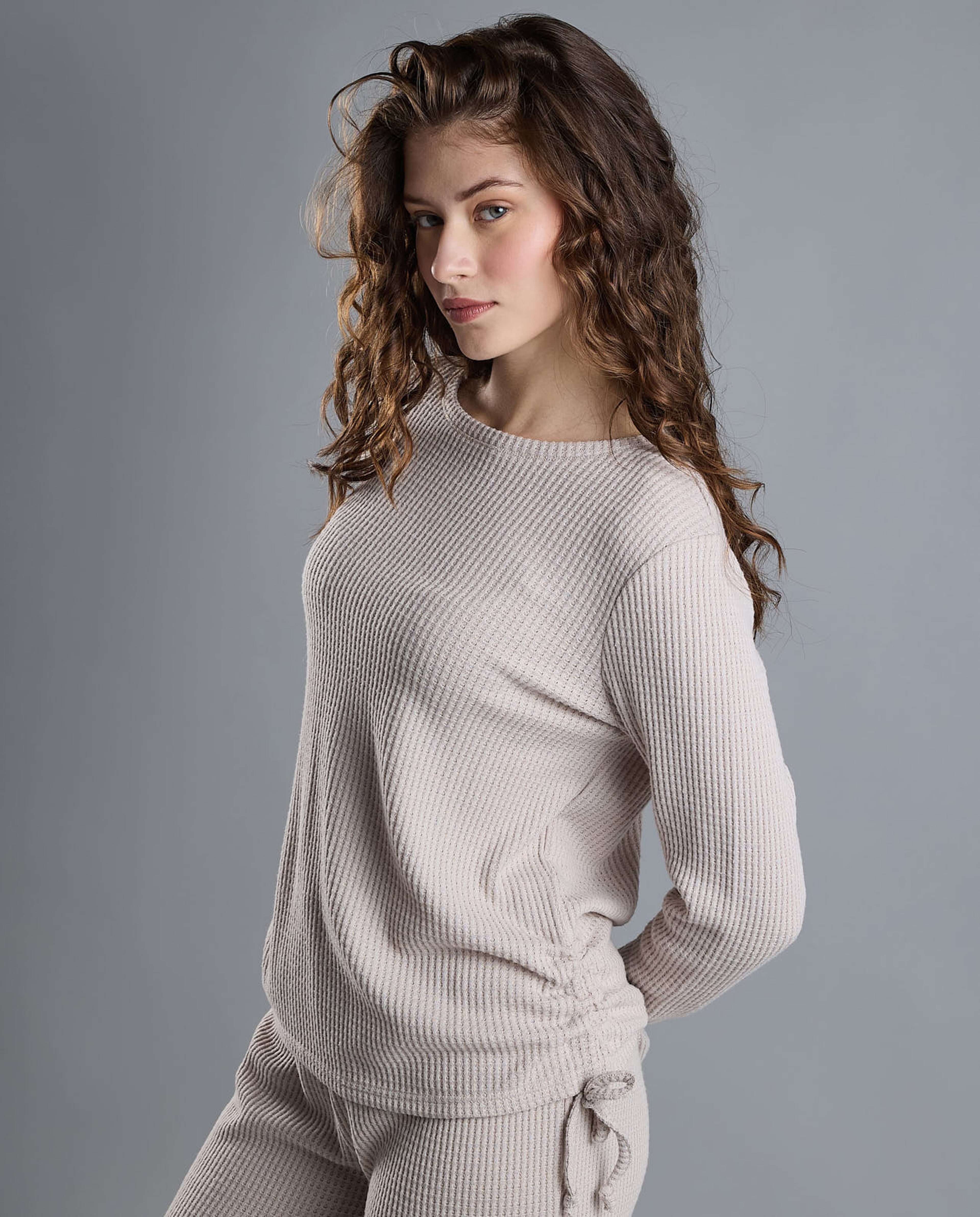 Textured Lounge Top with Crew Neck and Long Sleeves