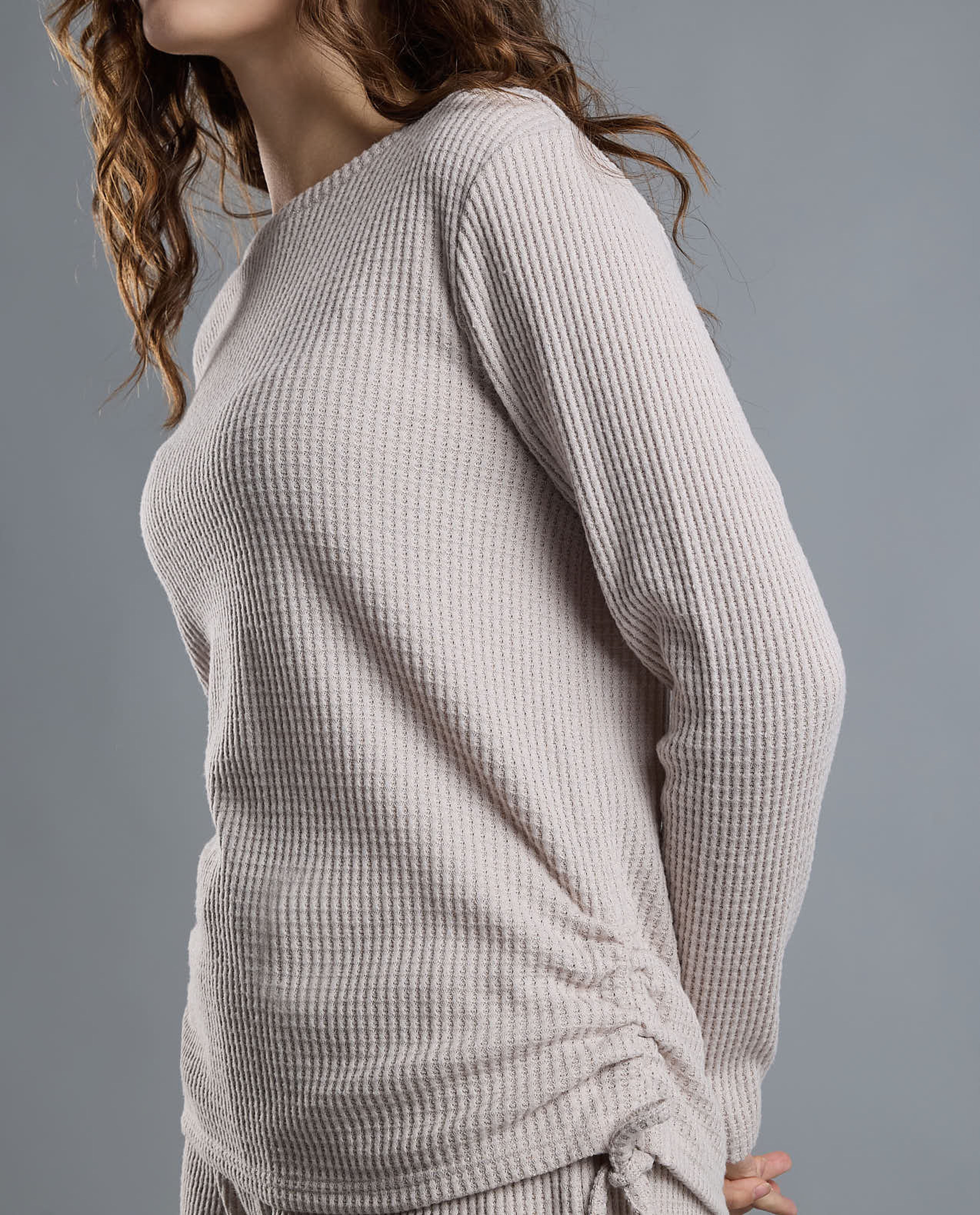 Textured Lounge Top with Crew Neck and Long Sleeves