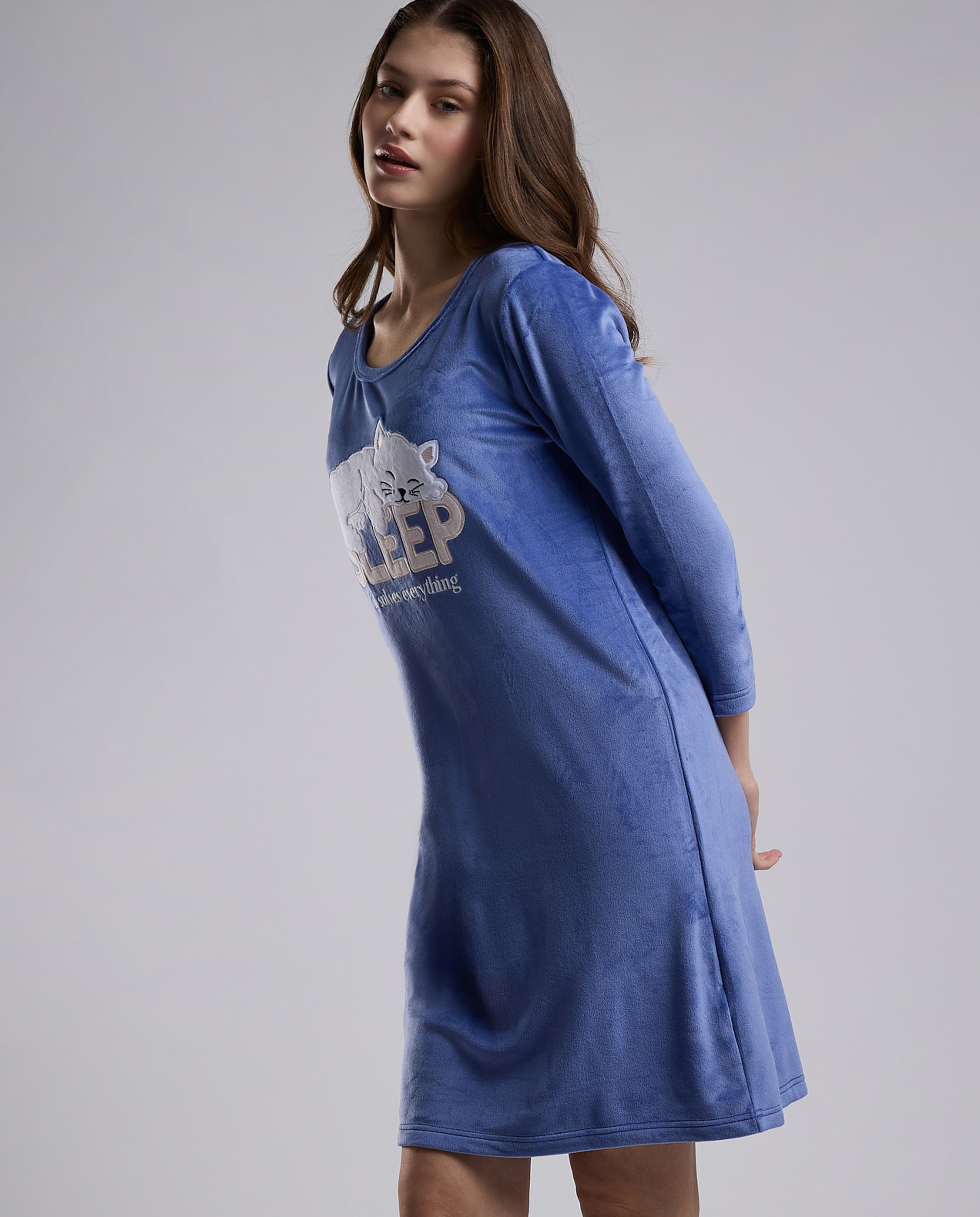 Printed Nightdress with Round Neck and 3/4 Sleeves