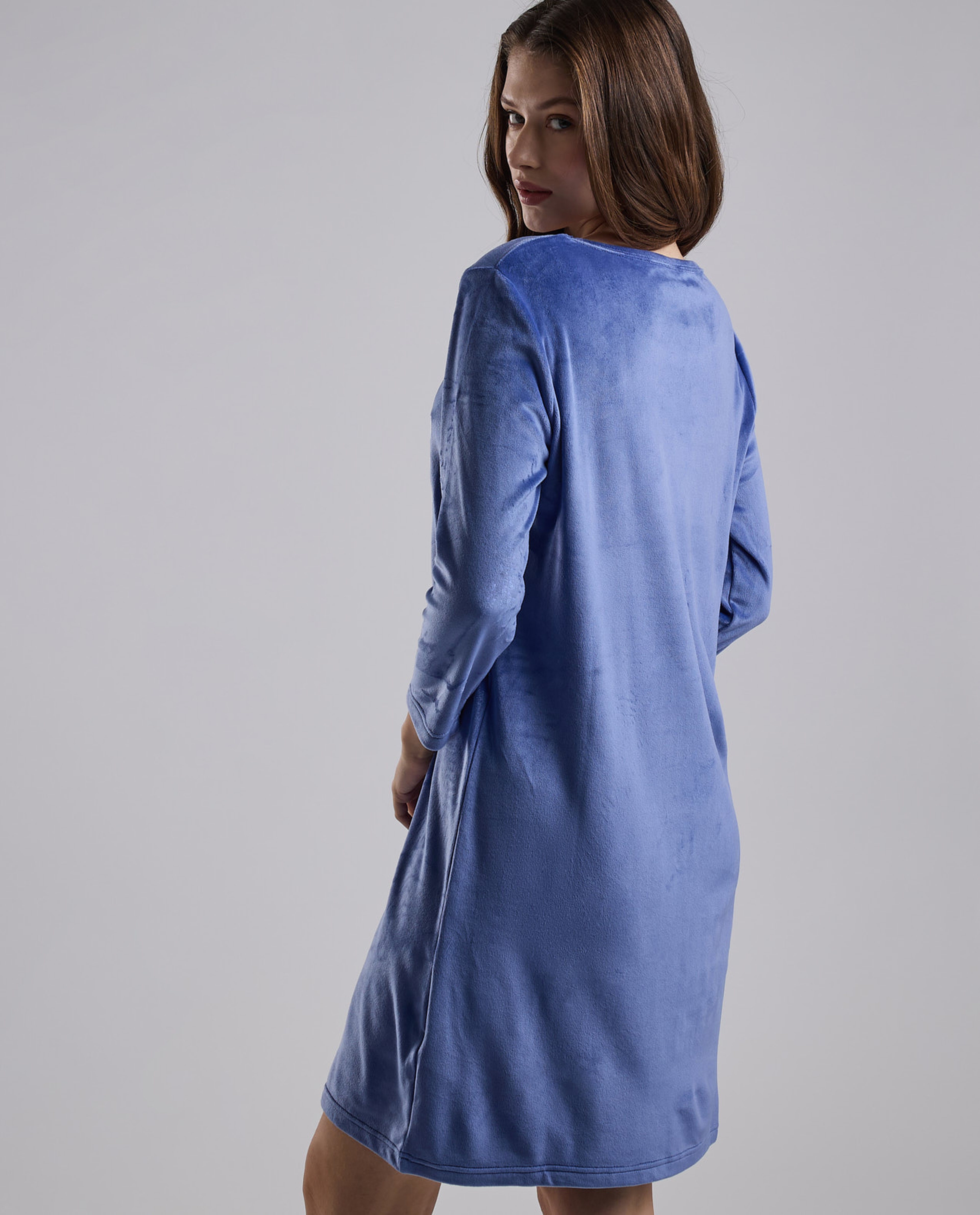 Printed Nightdress with Round Neck and 3/4 Sleeves