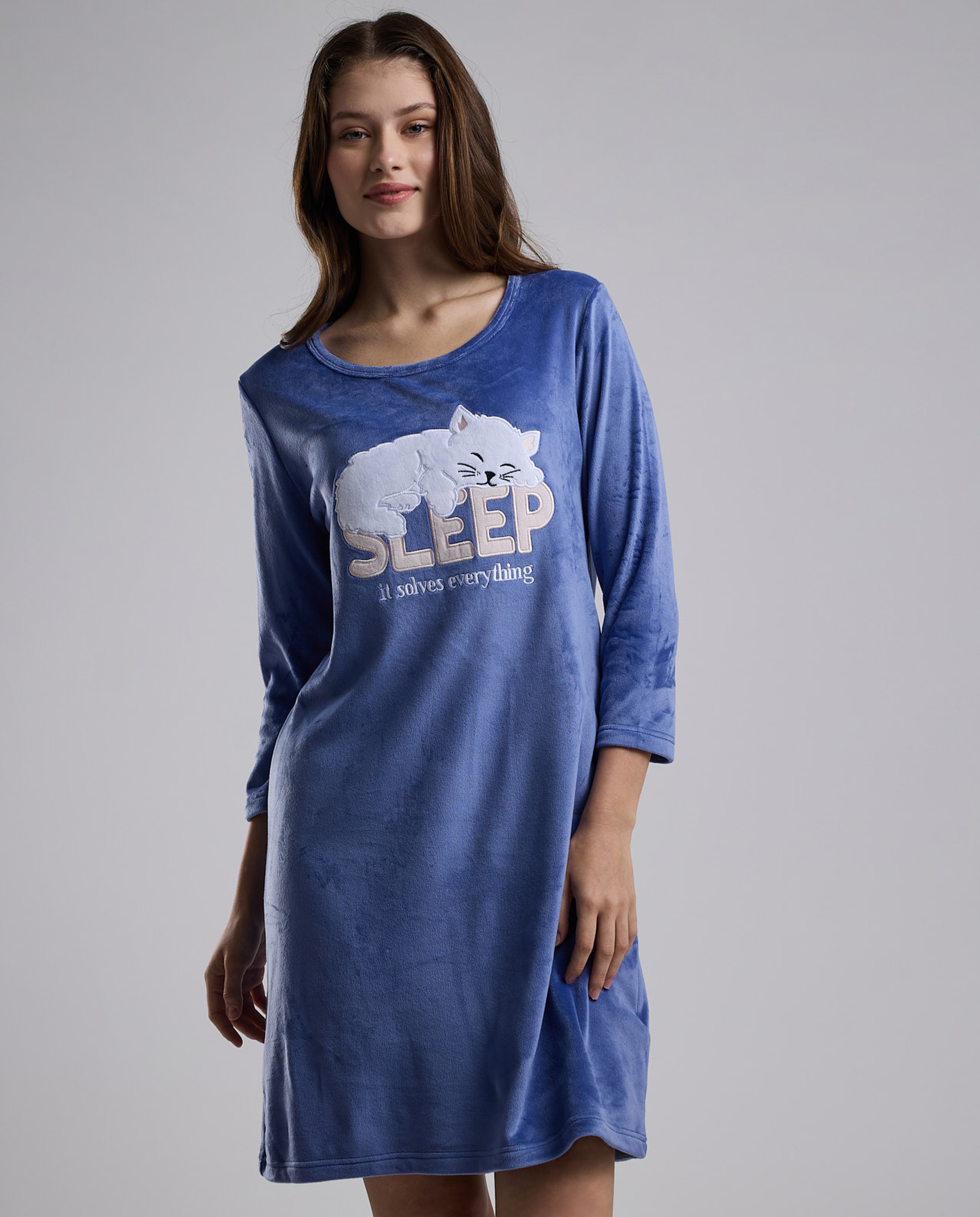 Printed Nightdress with Round Neck and 3/4 Sleeves