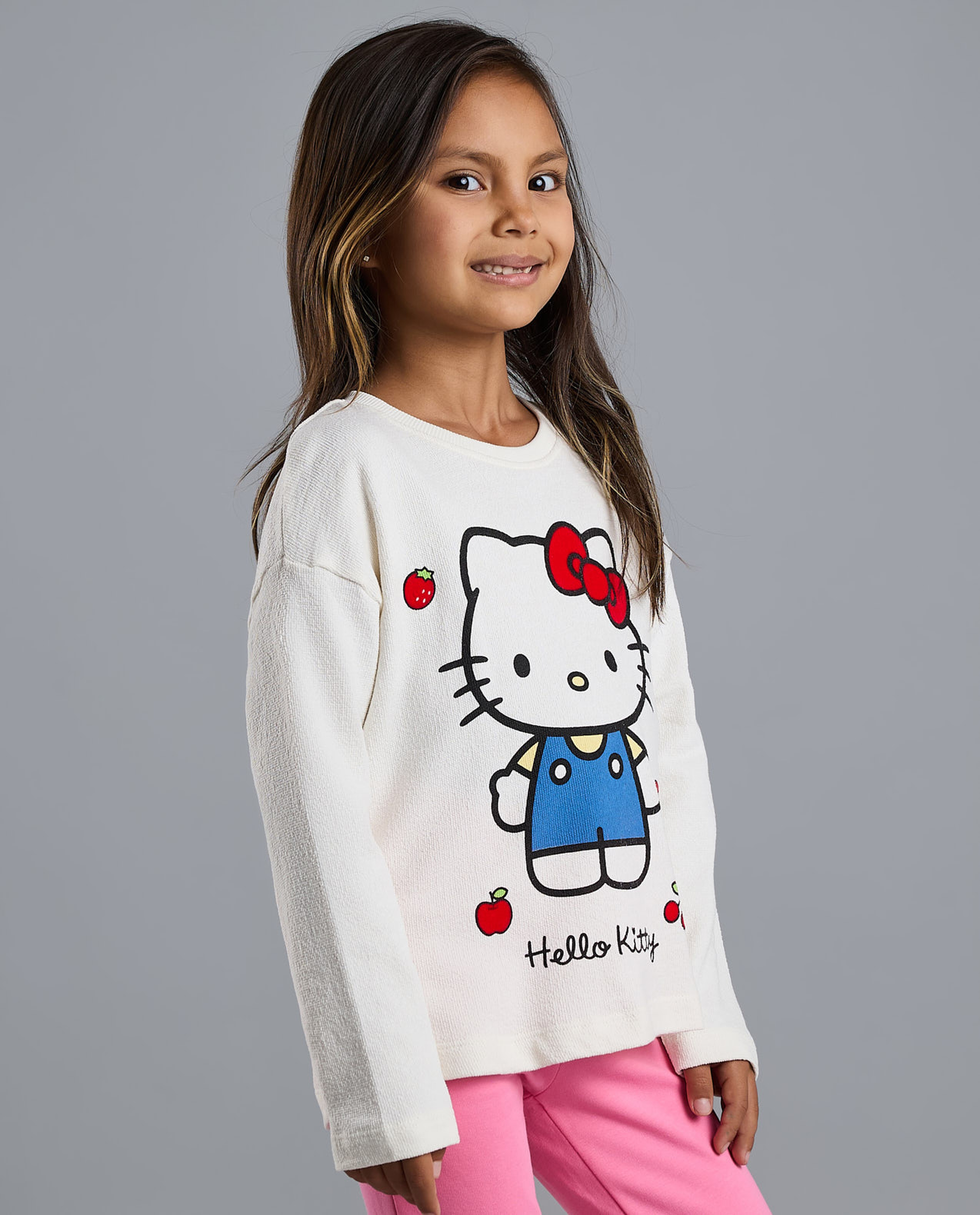 Hello Kitty Print T-Shirt with Crew Neck and Long Sleeves