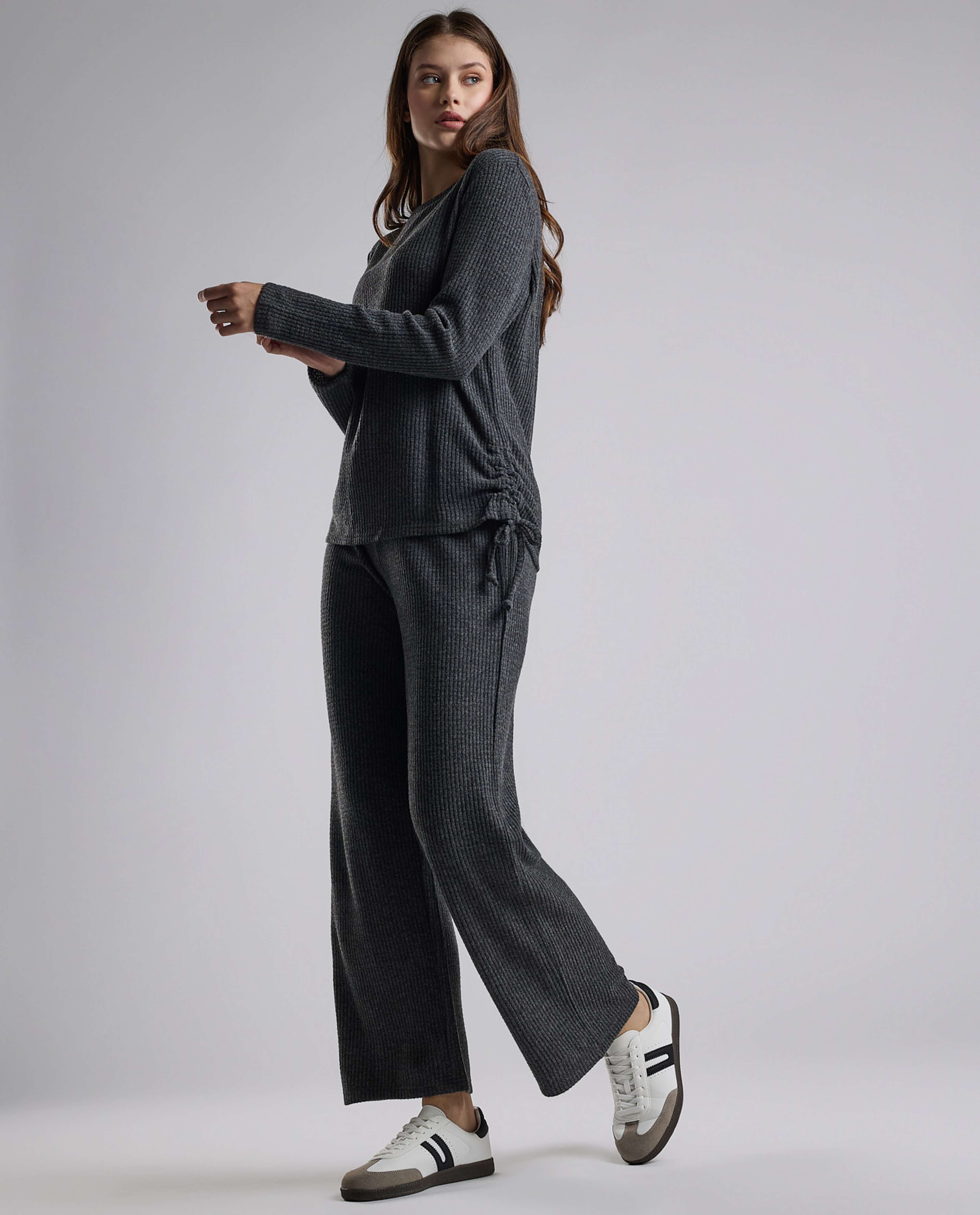 Ribbed Lounge Pants with Drawstring Waist