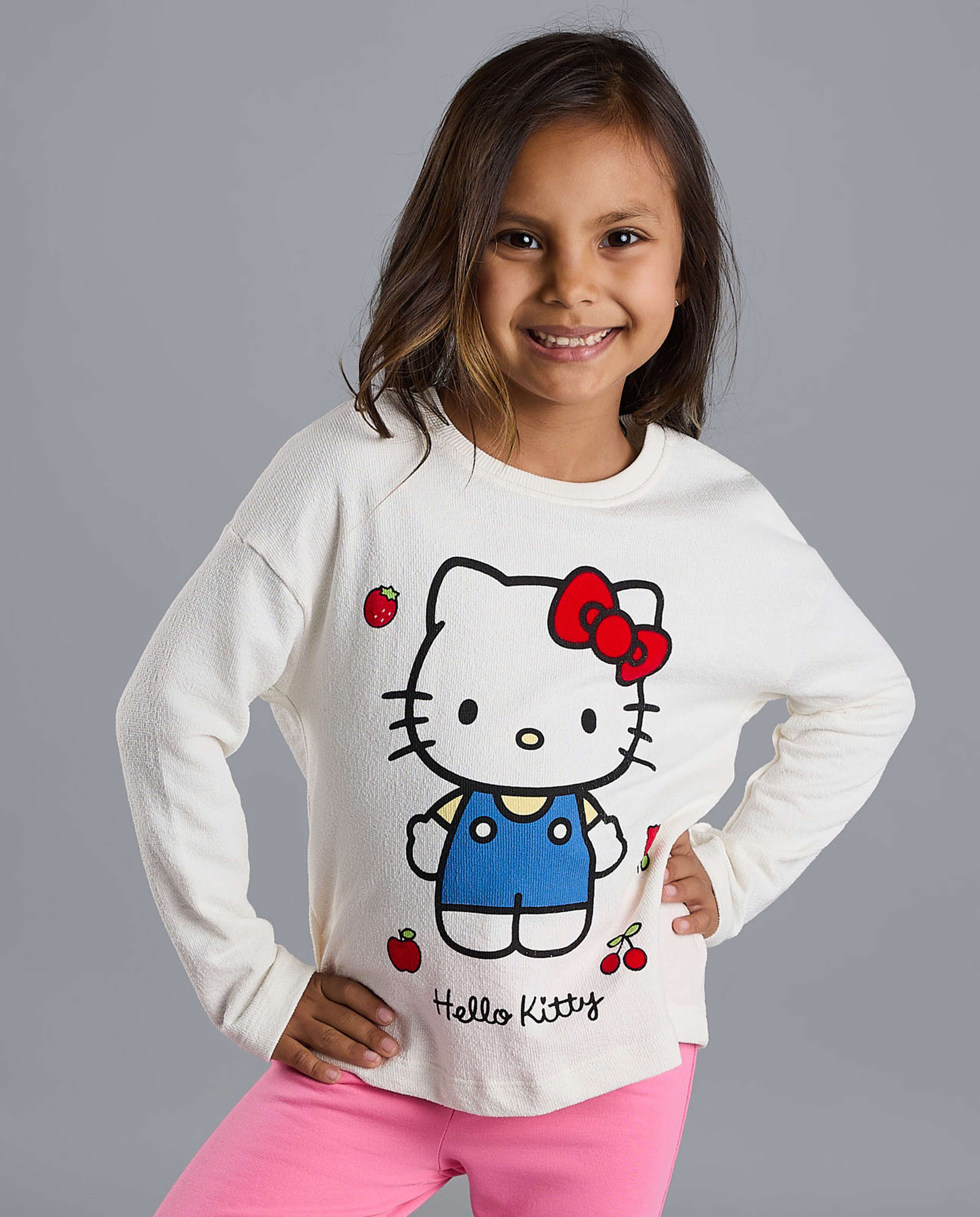 Hello Kitty Print T-Shirt with Crew Neck and Long Sleeves