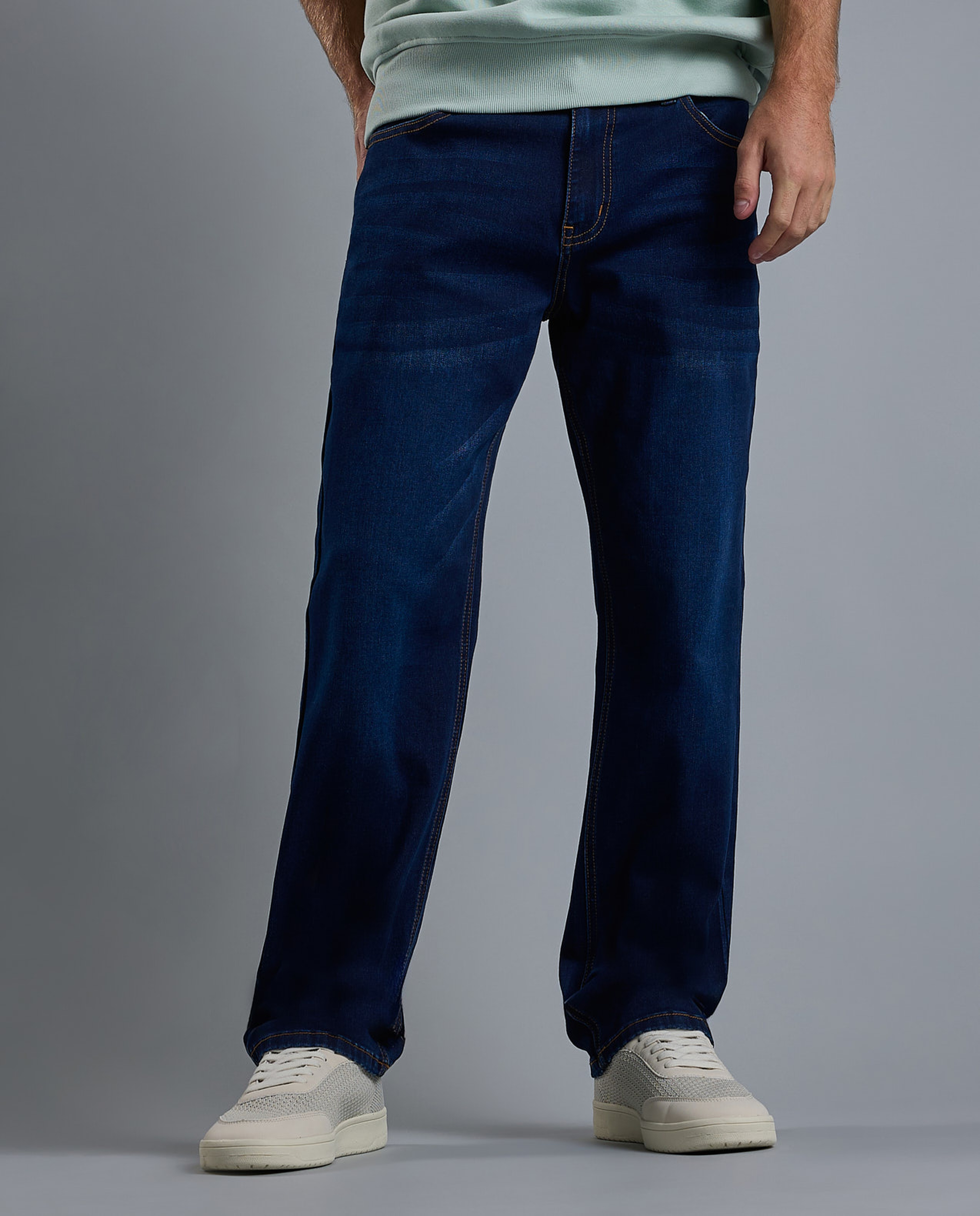 Faded Straight Fit Jeans with Button Closure