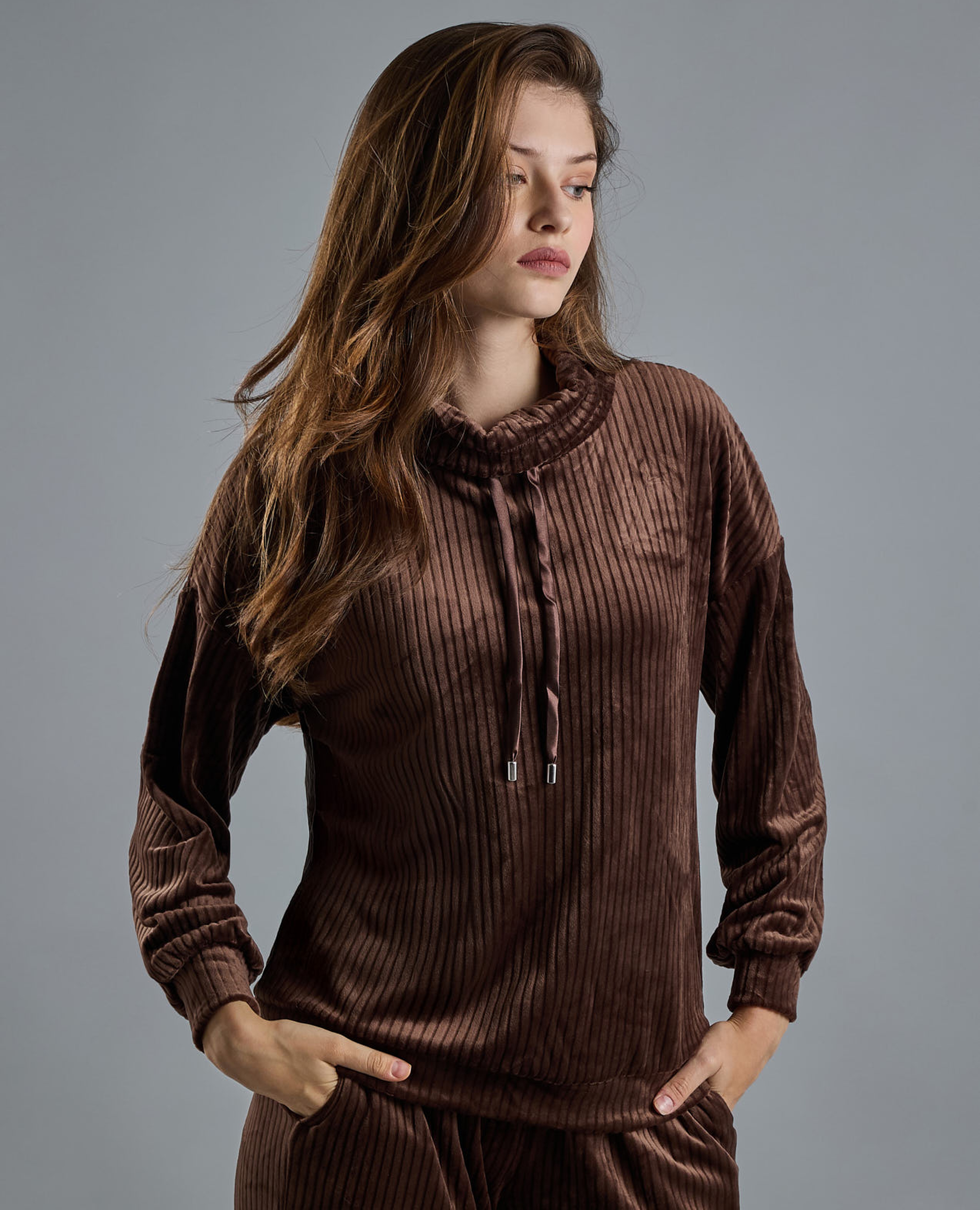 Ribbed Lounge Top with High Neck and Long Sleeves