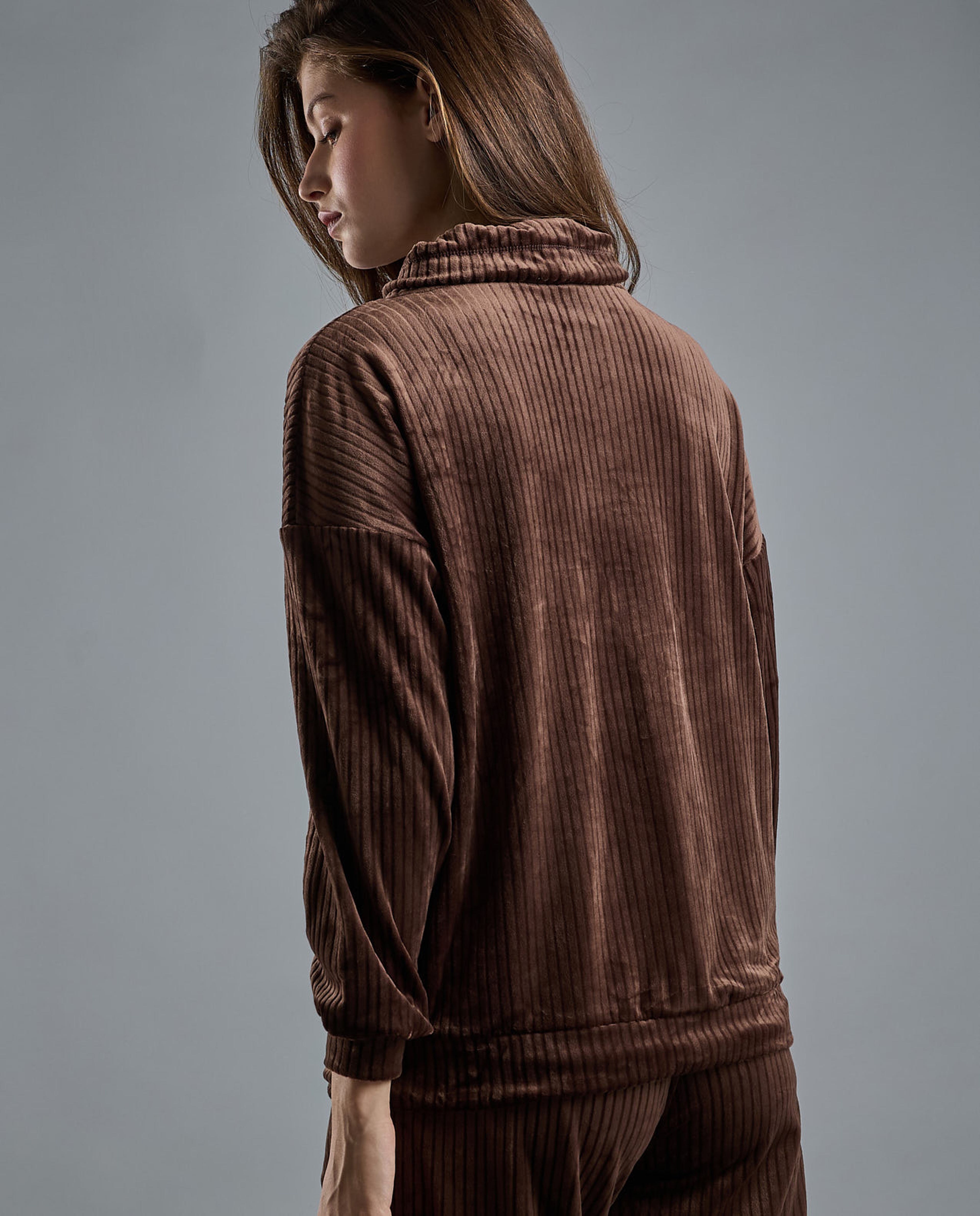 Ribbed Lounge Top with High Neck and Long Sleeves