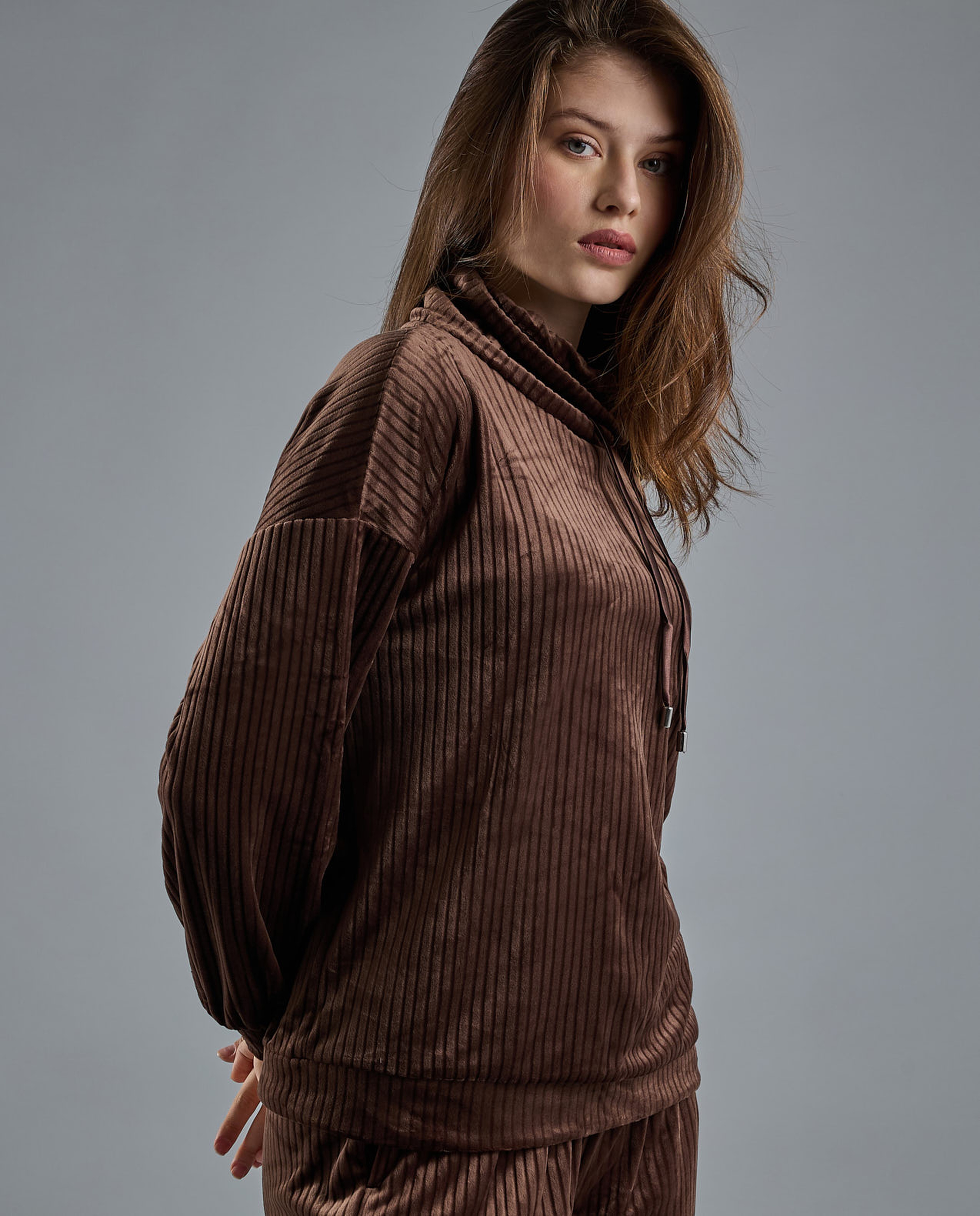 Ribbed Lounge Top with High Neck and Long Sleeves