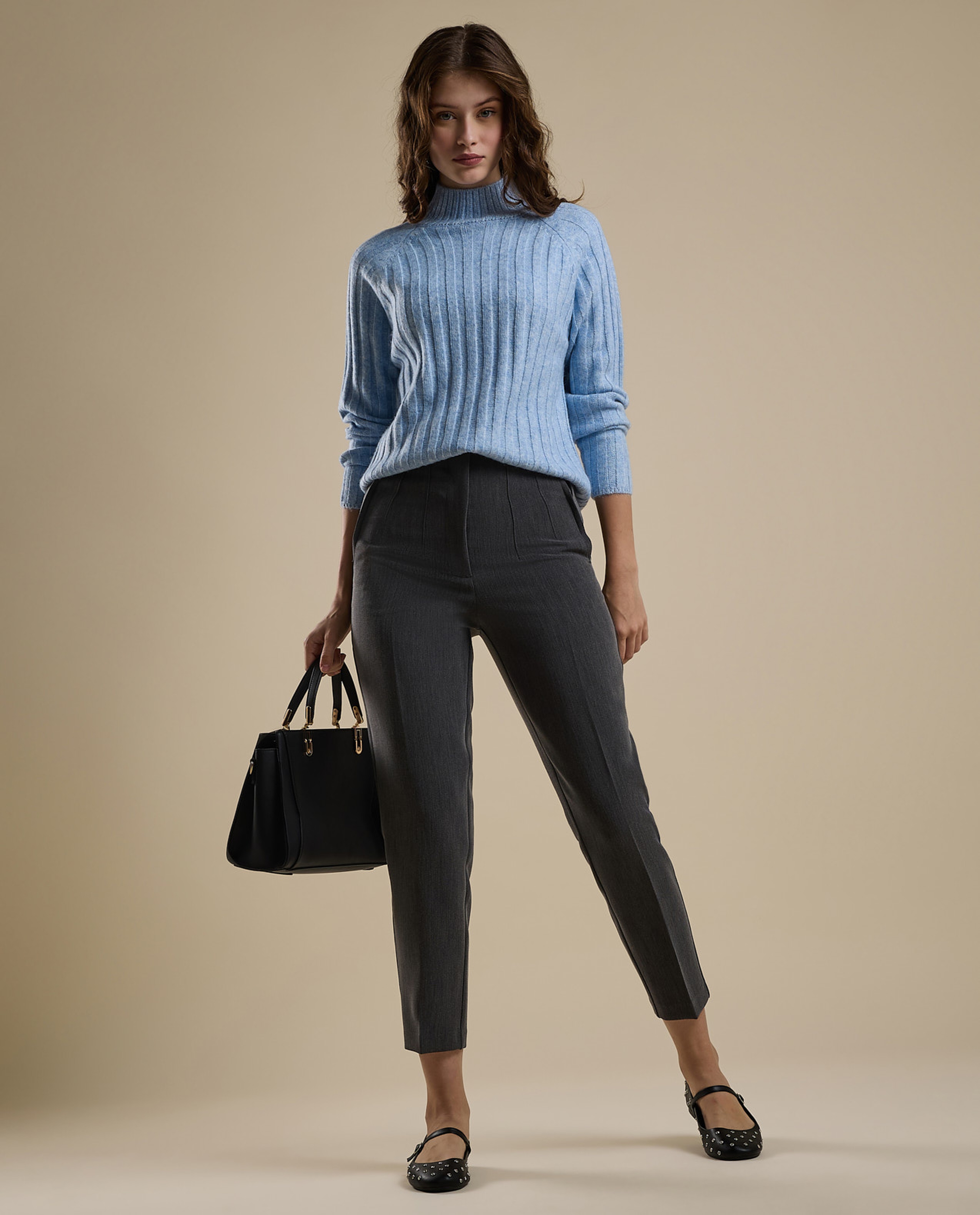 Ribbed Sweater with High Neck and Long Sleeves