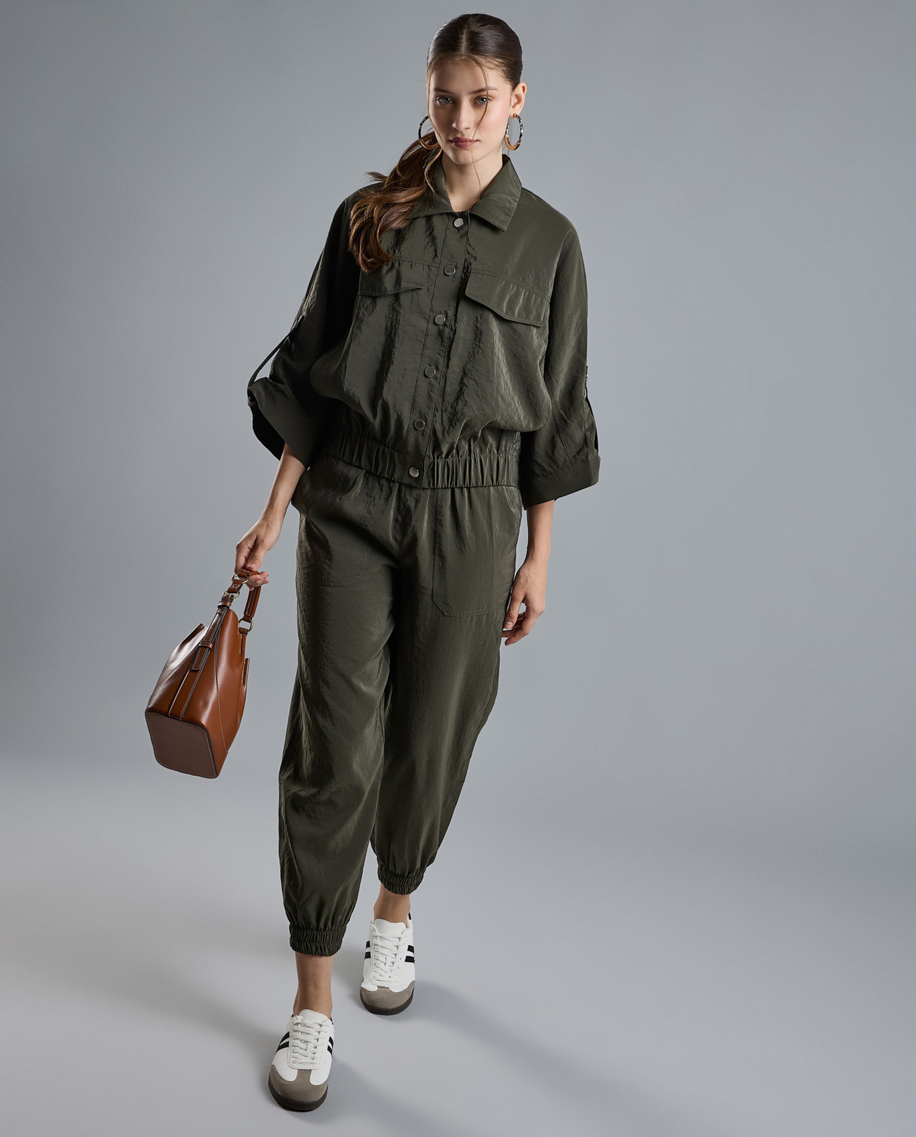 Solid Jacket with Shirt Collar and 3/4 Sleeves