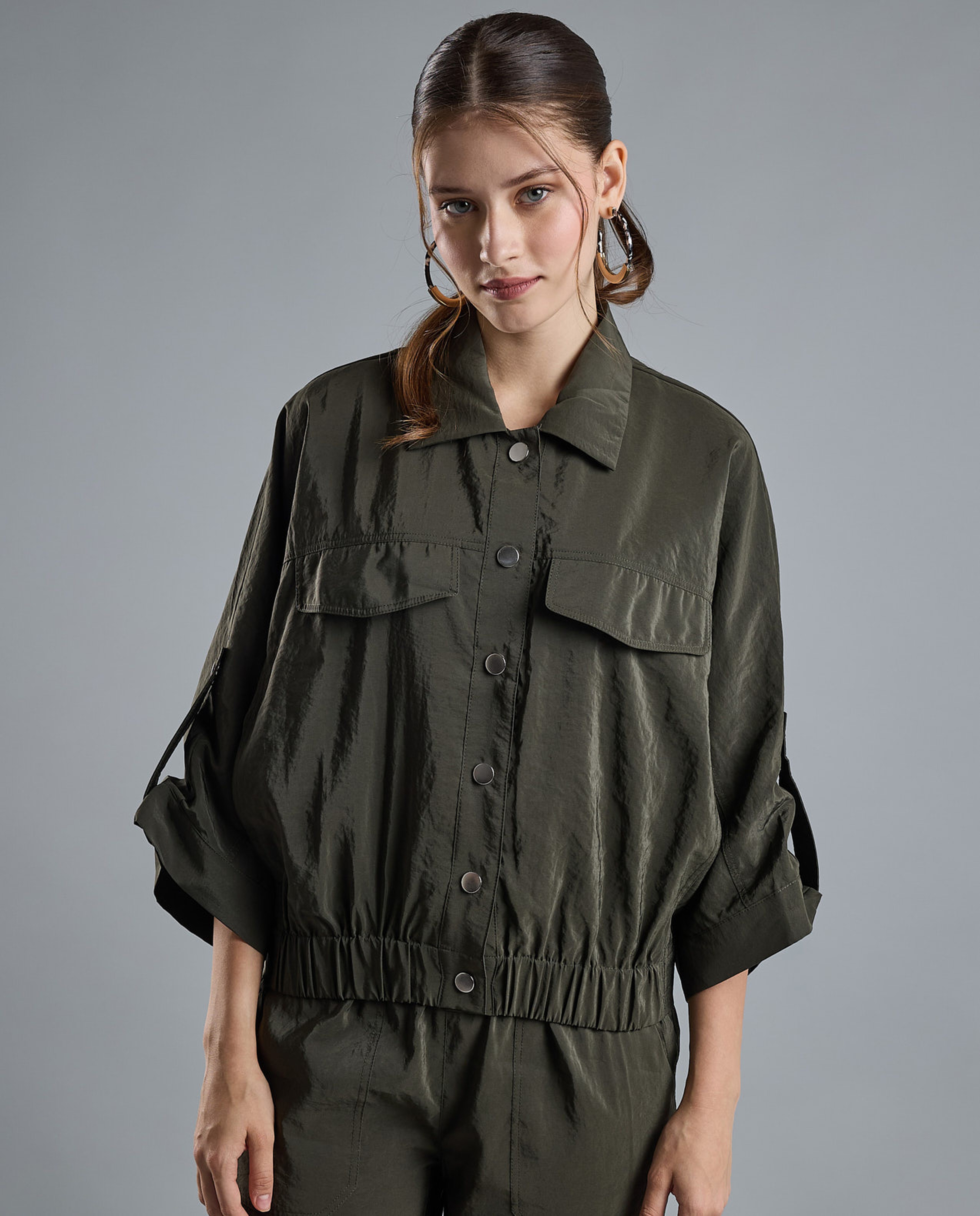 Solid Jacket with Shirt Collar and 3/4 Sleeves