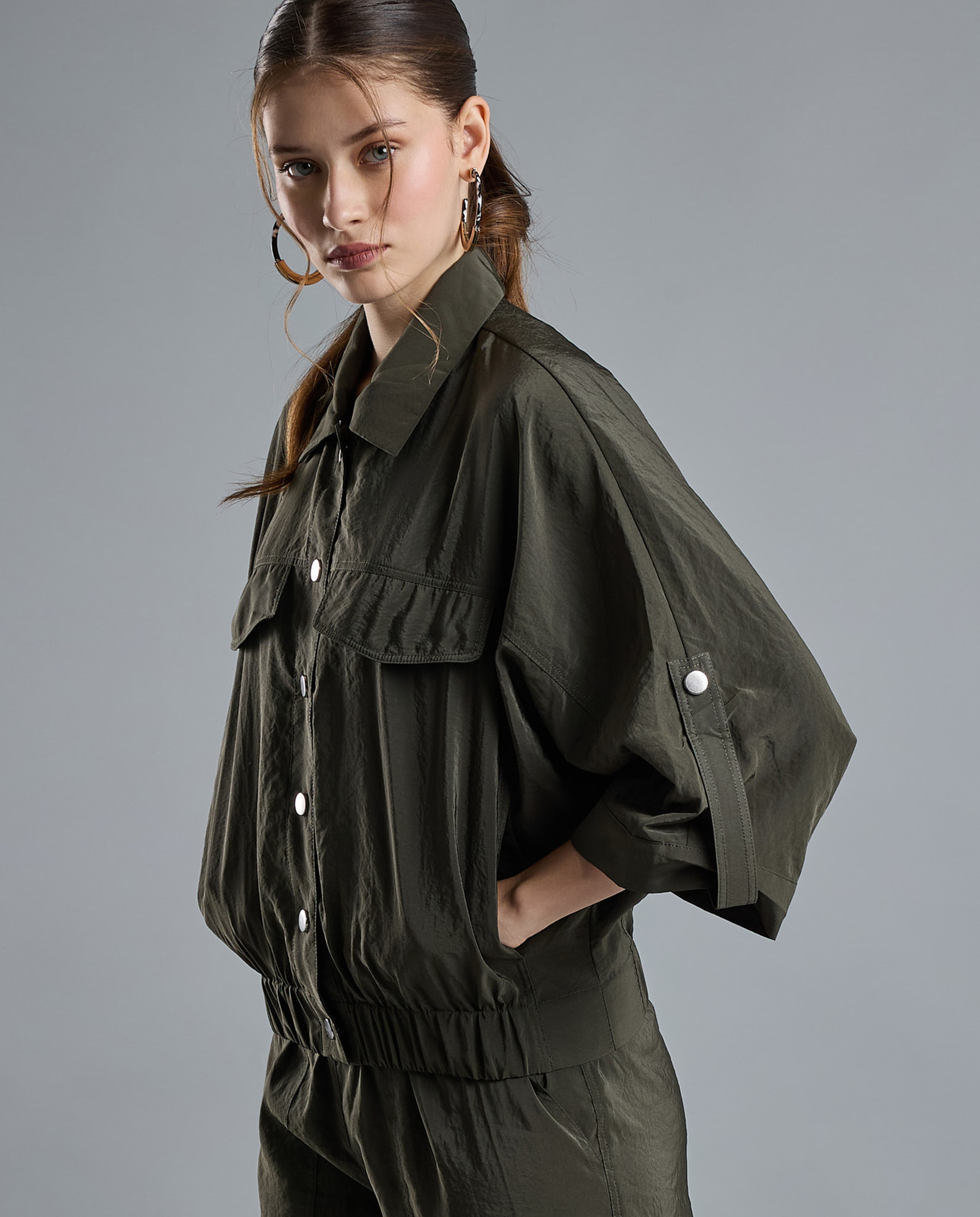 Solid Jacket with Shirt Collar and 3/4 Sleeves