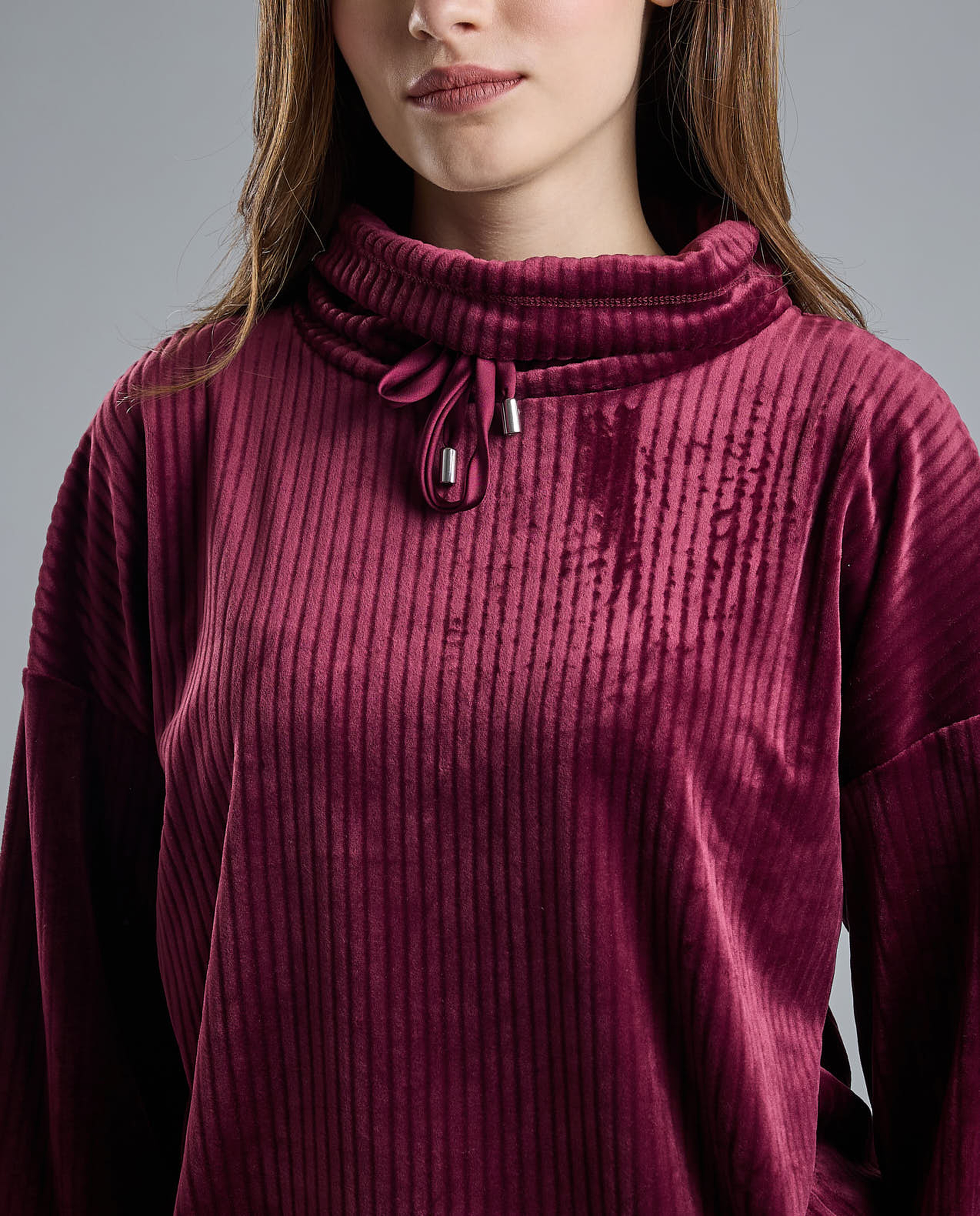 Ribbed Lounge Top with High Neck and Long Sleeves