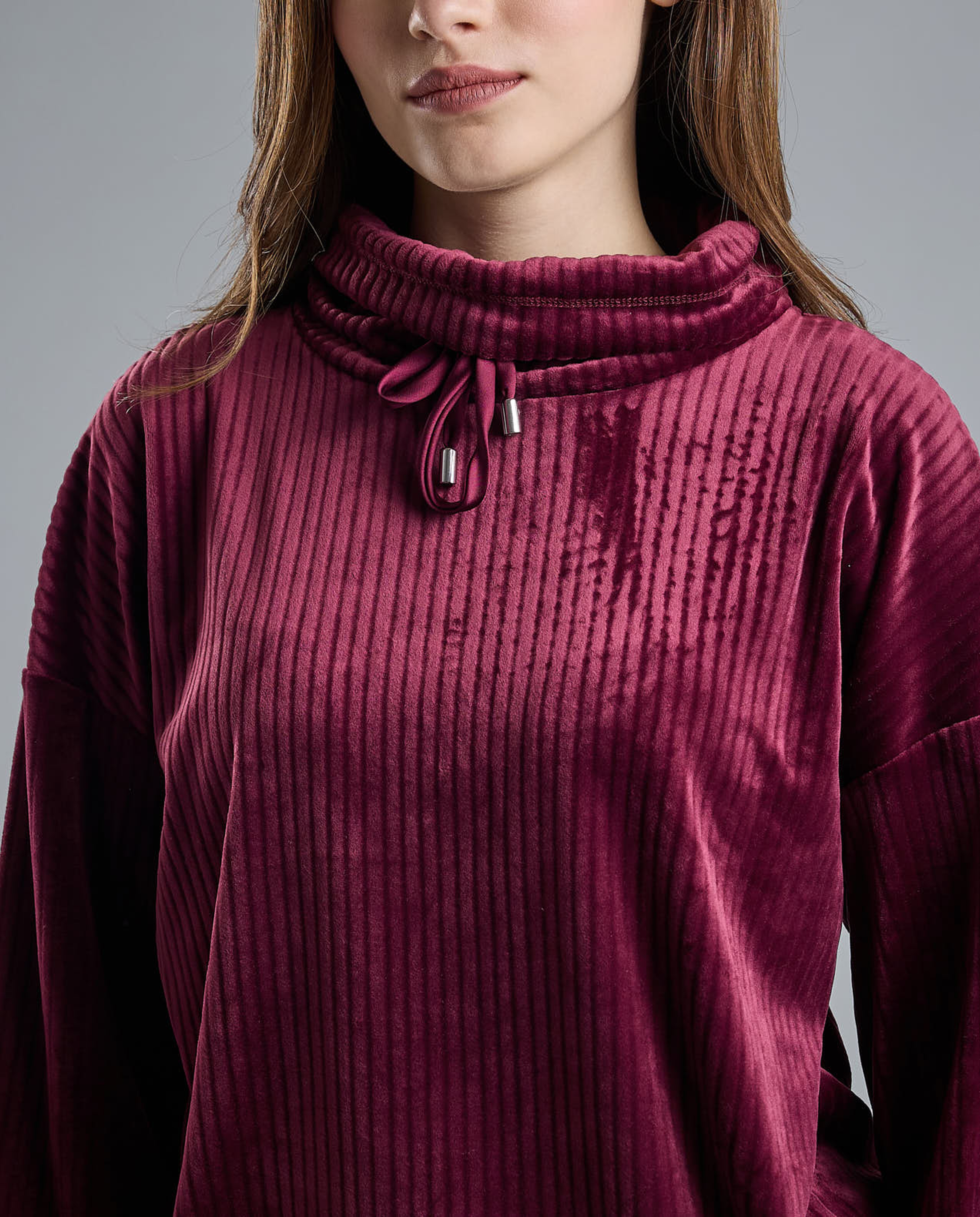 Ribbed Lounge Top with High Neck and Long Sleeves