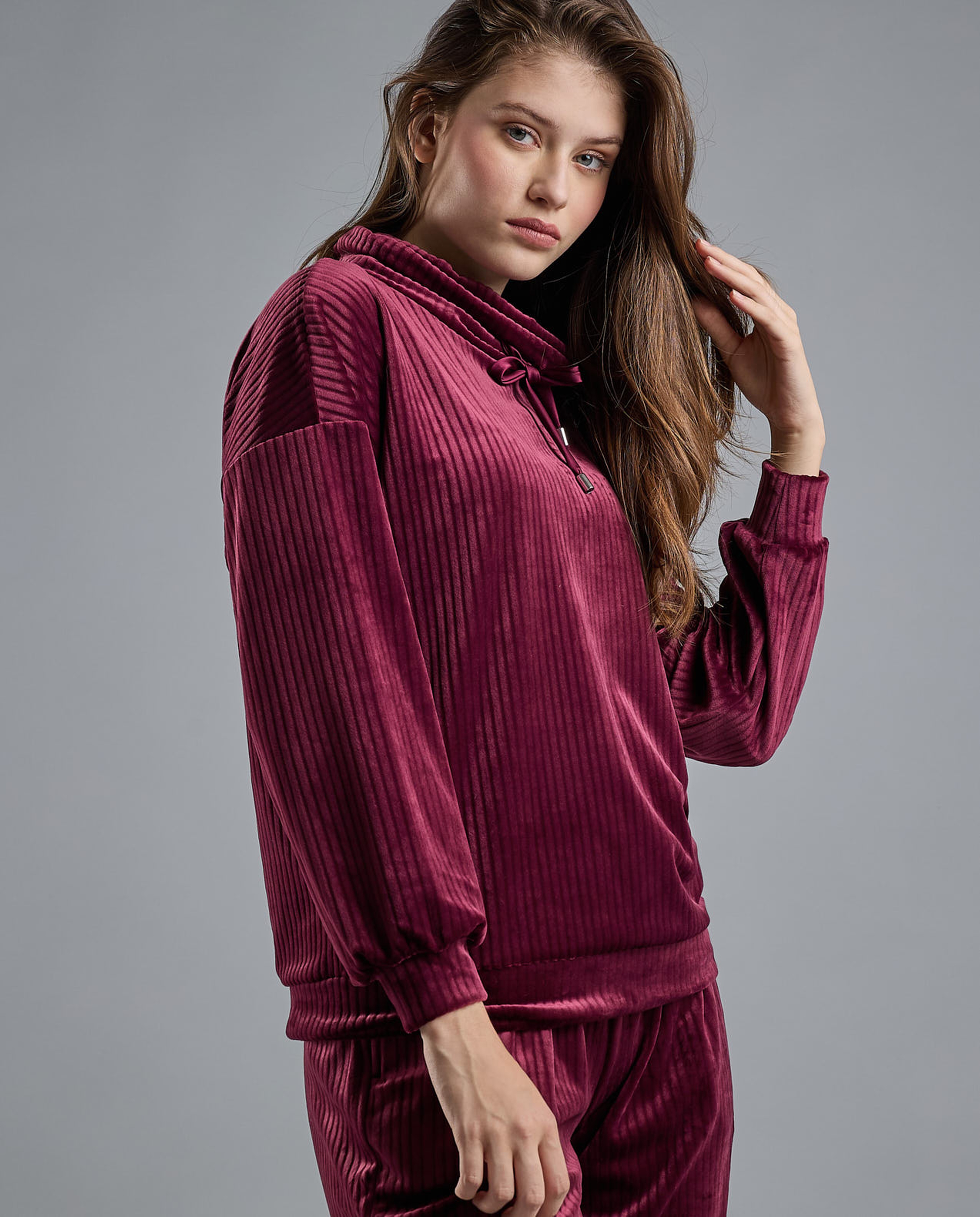 Ribbed Lounge Top with High Neck and Long Sleeves