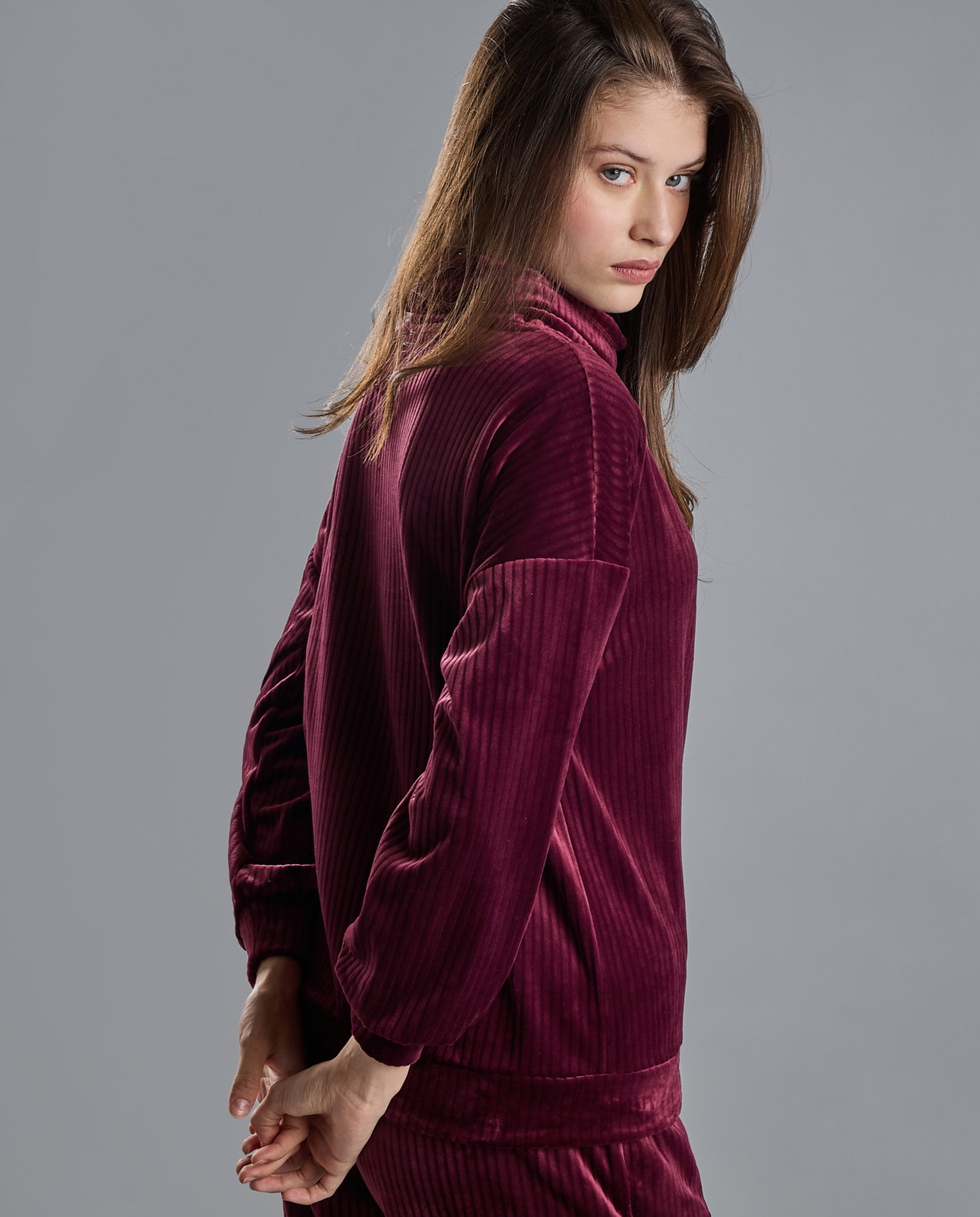 Ribbed Lounge Top with High Neck and Long Sleeves