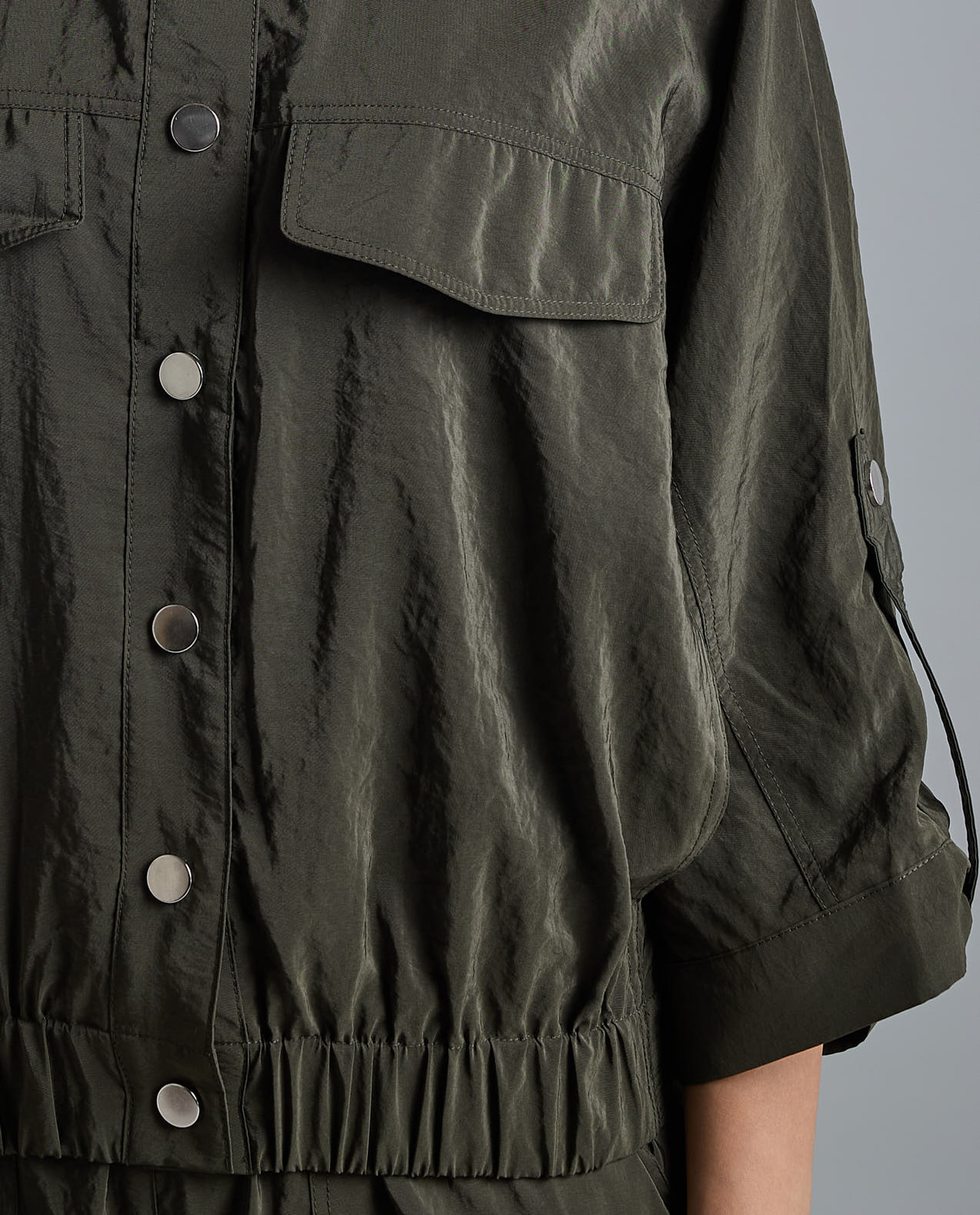 Solid Jacket with Shirt Collar and 3/4 Sleeves